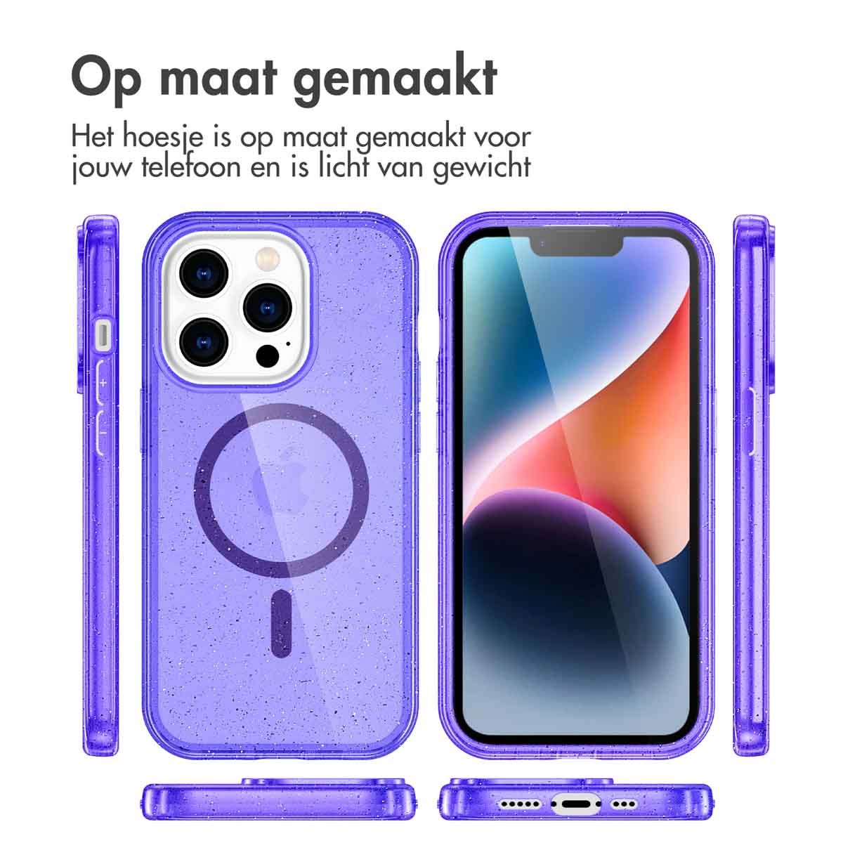Coque iPhone violette avec téléphone à l'intérieur. Plusieurs vues de la coque montrent le design.
