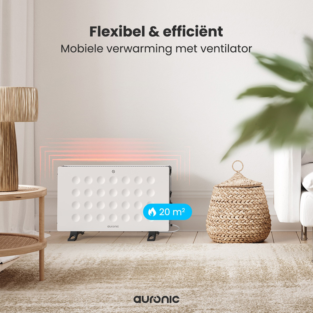 White heater with a vent. Text says 'Flexible & efficient' and '20 m²'. A wicker basket is in the background.