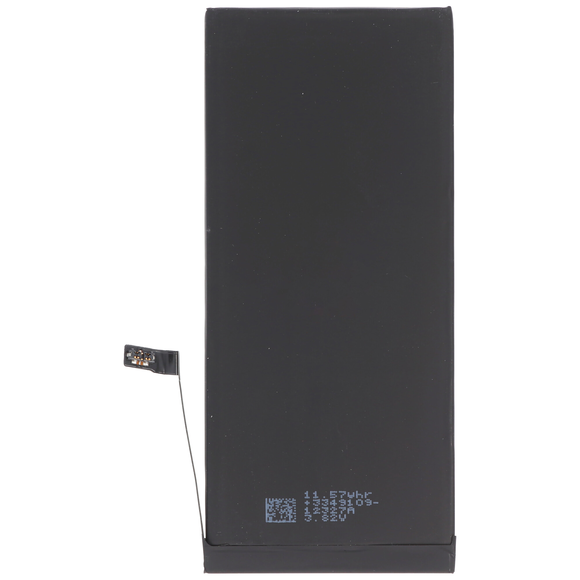 Een zwarte telefoonbatterij wordt getoond. Een kleine draad steekt uit de zijkant.