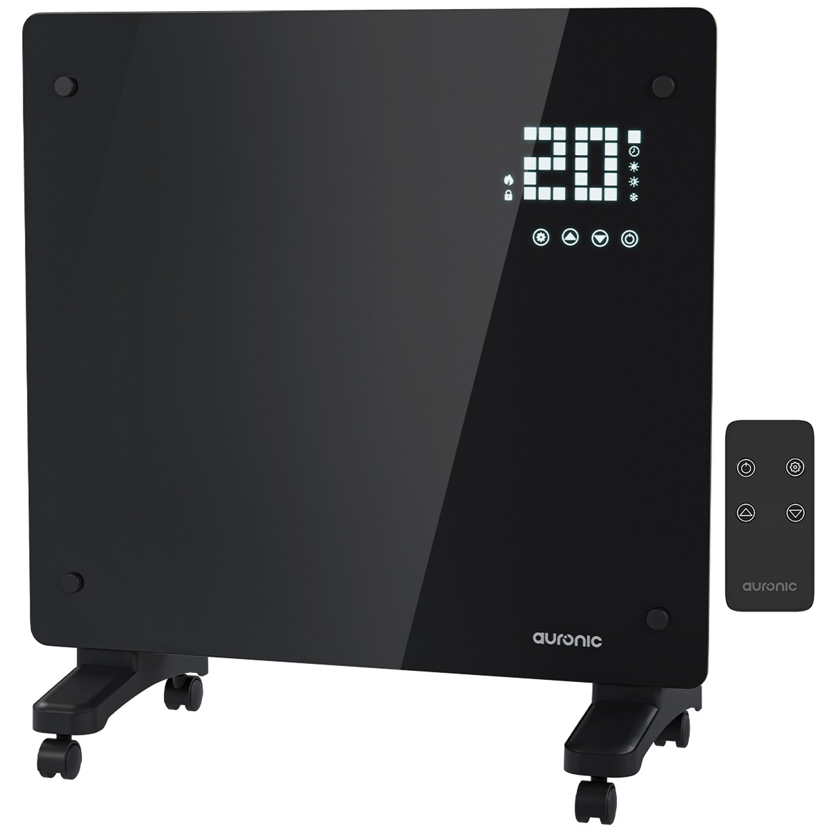 Zwarte digitale elektrische kachel met glazen voorkant, digitaal display en afstandsbediening.