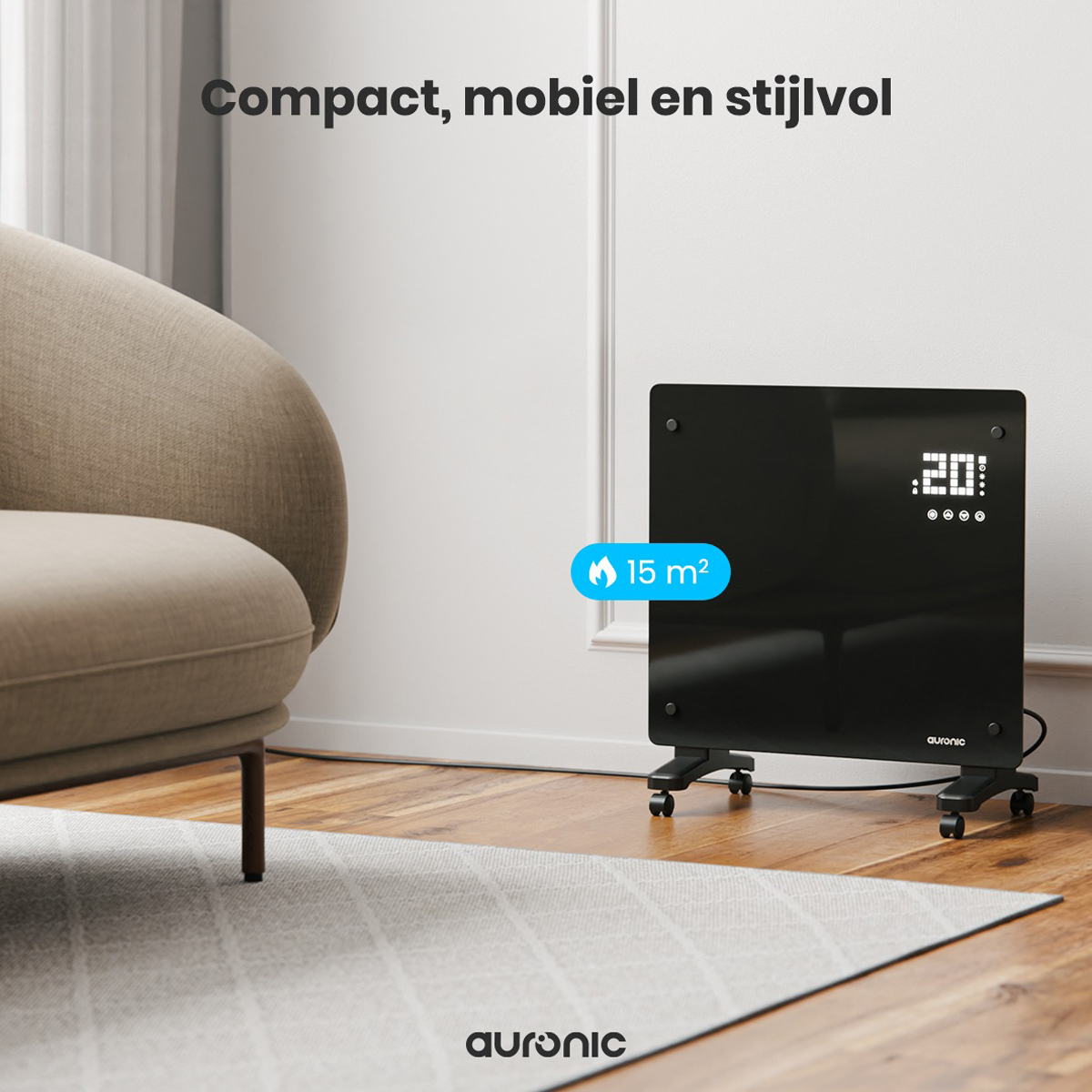 Een zwarte kachel op wielen in een kamer. Hij staat naast een beige fauteuil. Een oppervlakte van 15 m² wordt aangegeven.