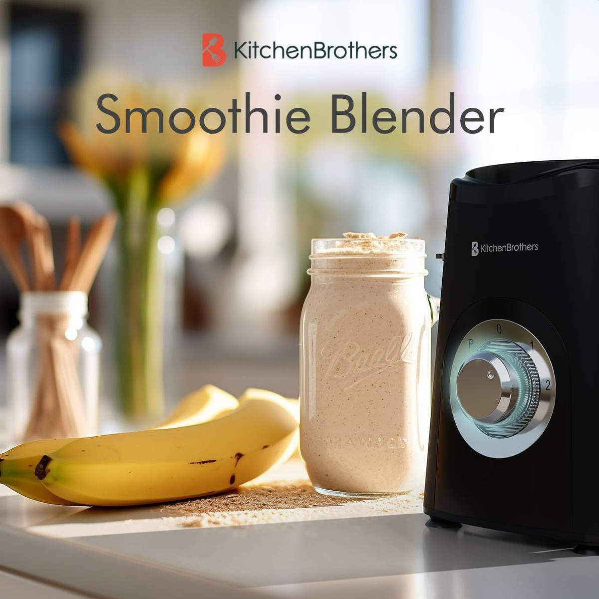 Kitchen Brothers Smoothie Blender with a banana and a glass of smoothie next to it.