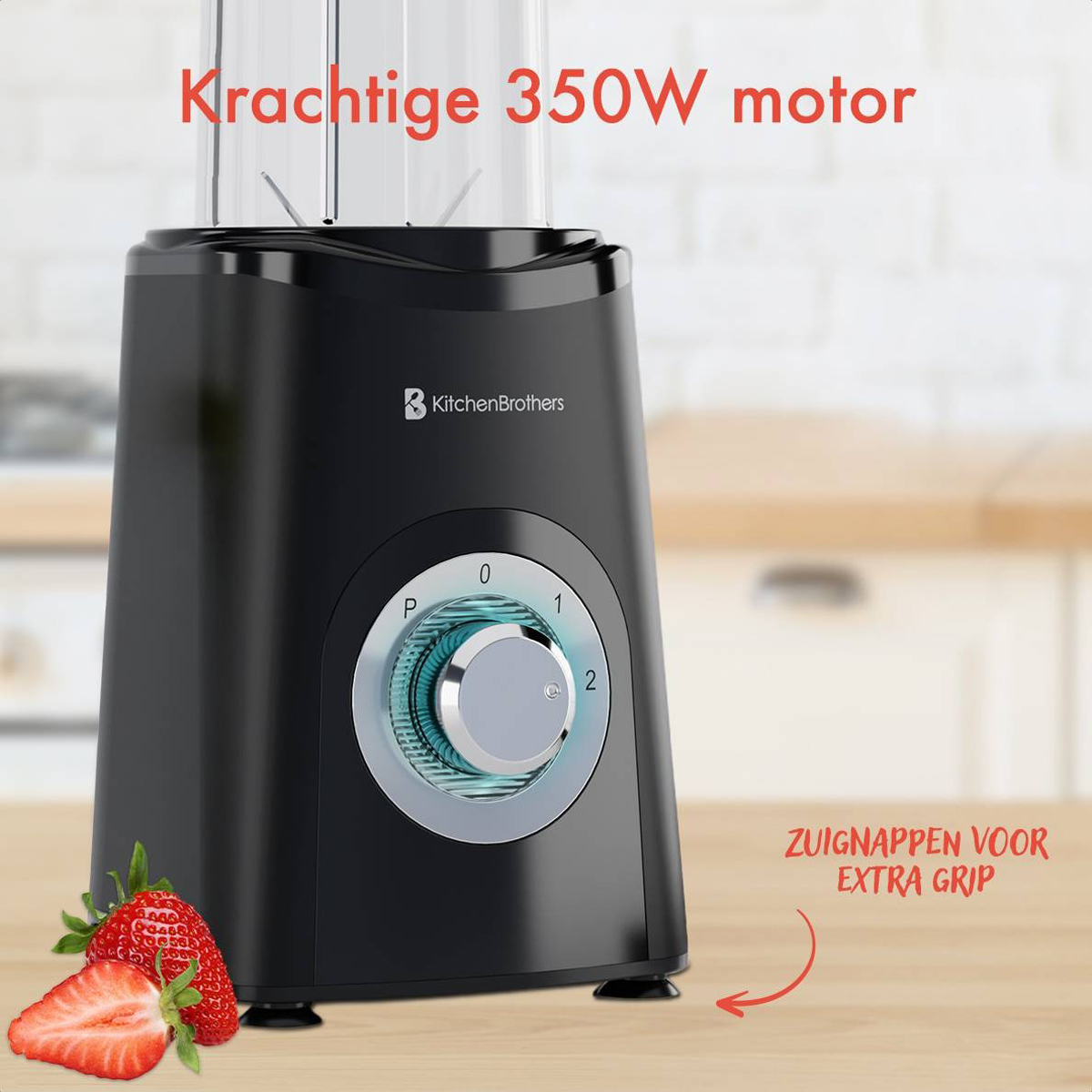 Black blender with a transparent container, strawberries, and text: 'Krachtige 350W motor'.