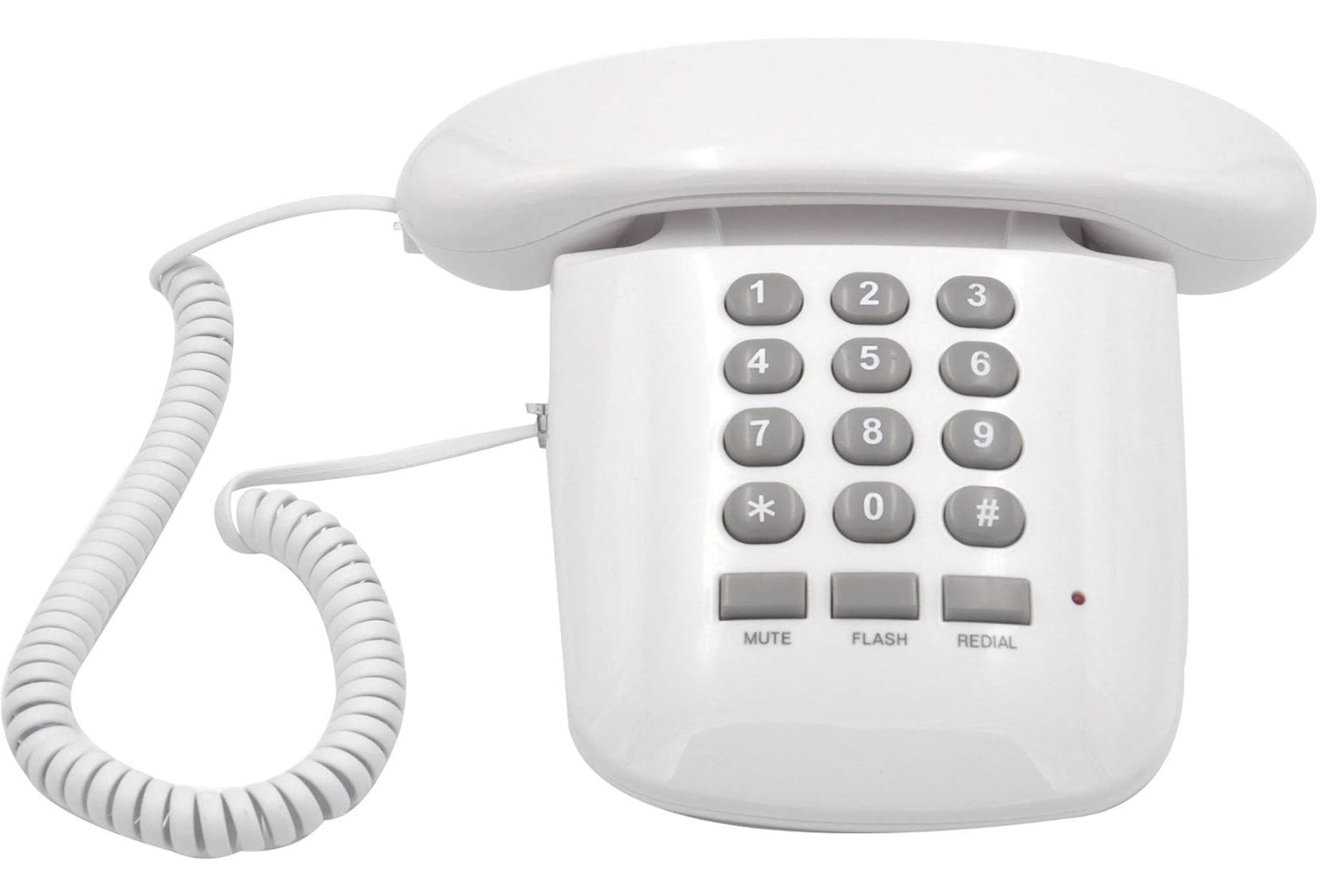 Telefono fisso bianco con pulsanti. Pulsanti muto, flash e ricomposizione visibili.
