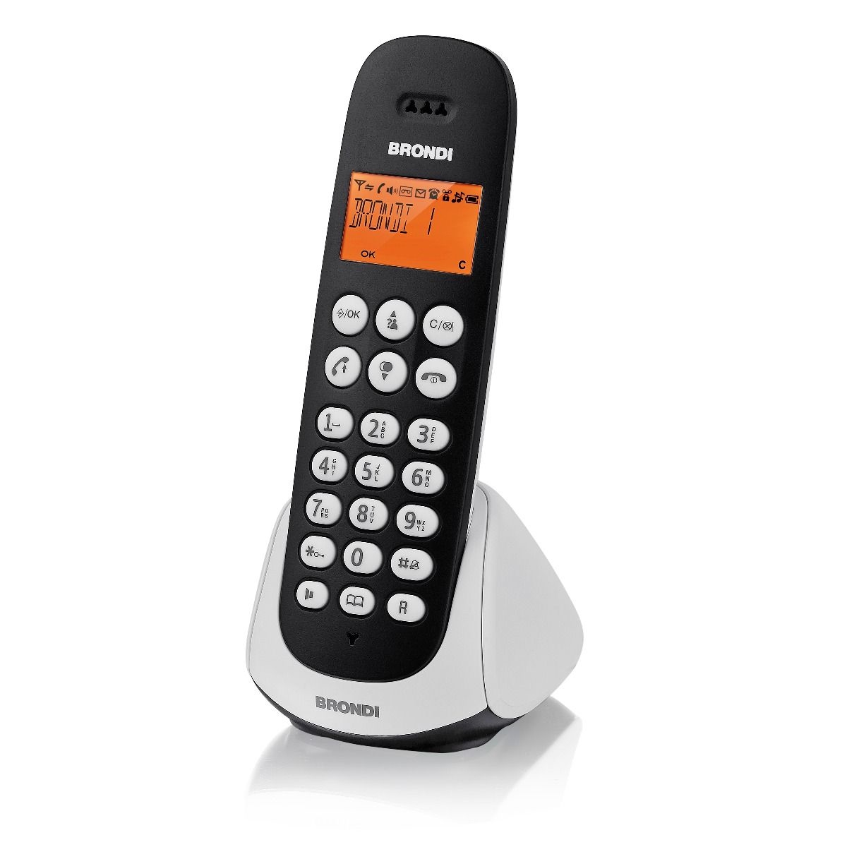 Schwarz-weißes Brondi schnurloses Telefon mit Bildschirm und Tasten.