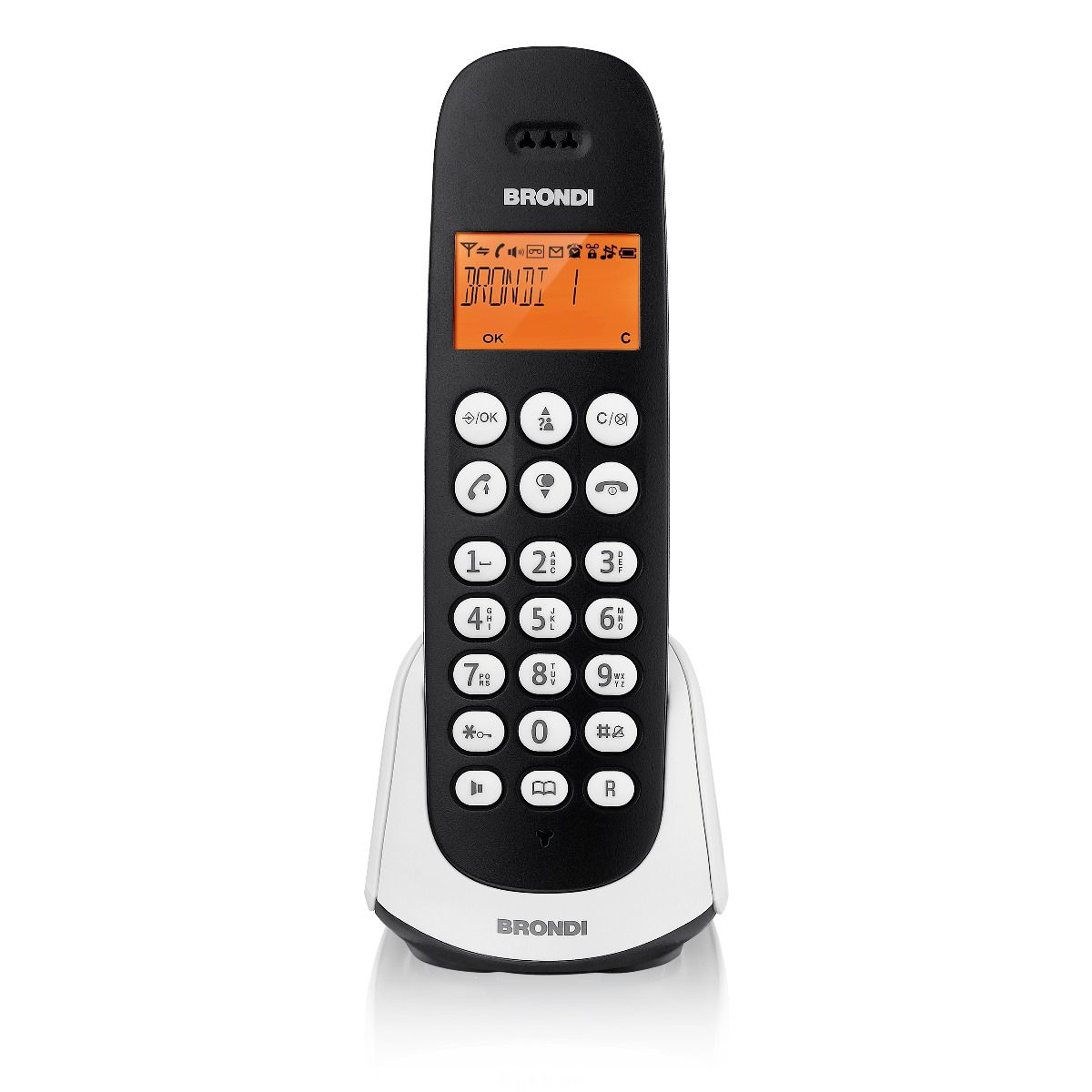 Ein schwarz-weißes schnurloses Brondi-Telefon. Es hat einen Bildschirm und Tasten. Das Telefon befindet sich in seiner Ladestation.