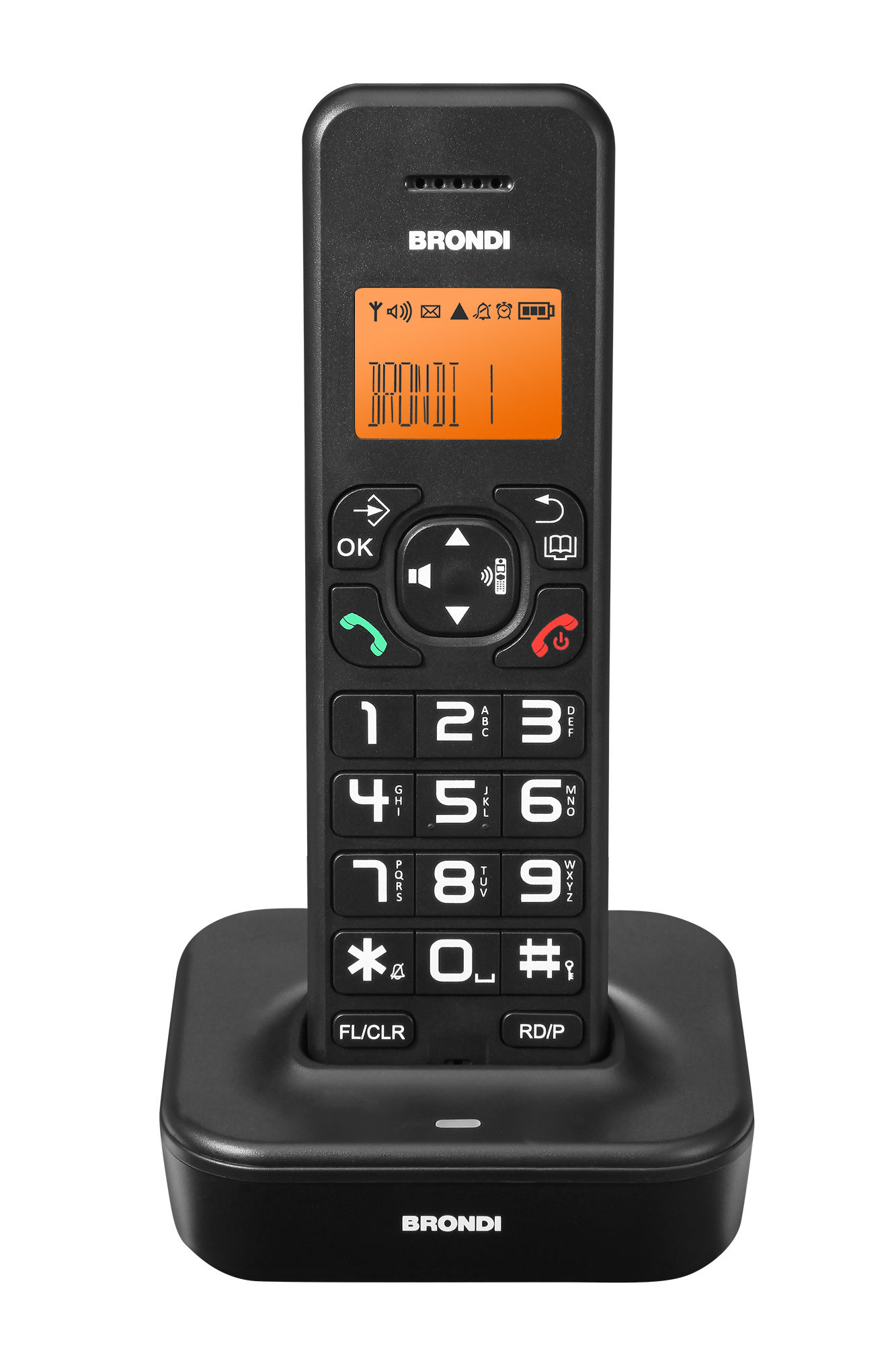 Schwarzes Festnetztelefon auf Basis. Marke Brondi. Große Tasten.