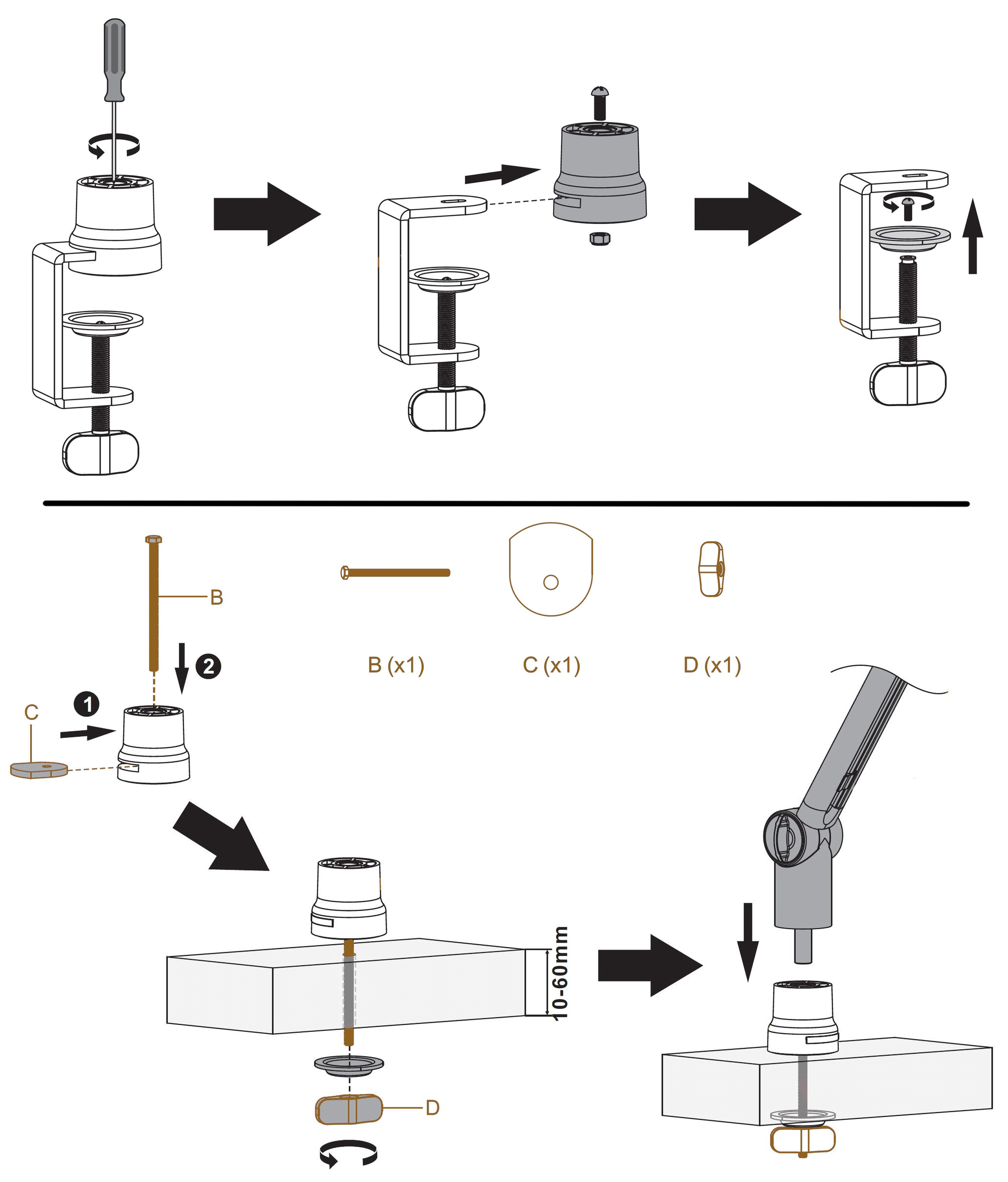 Diagramm, das die Montage einer Schreibtischhalterung veranschaulicht, einschließlich verschiedener Teile und Schritte.