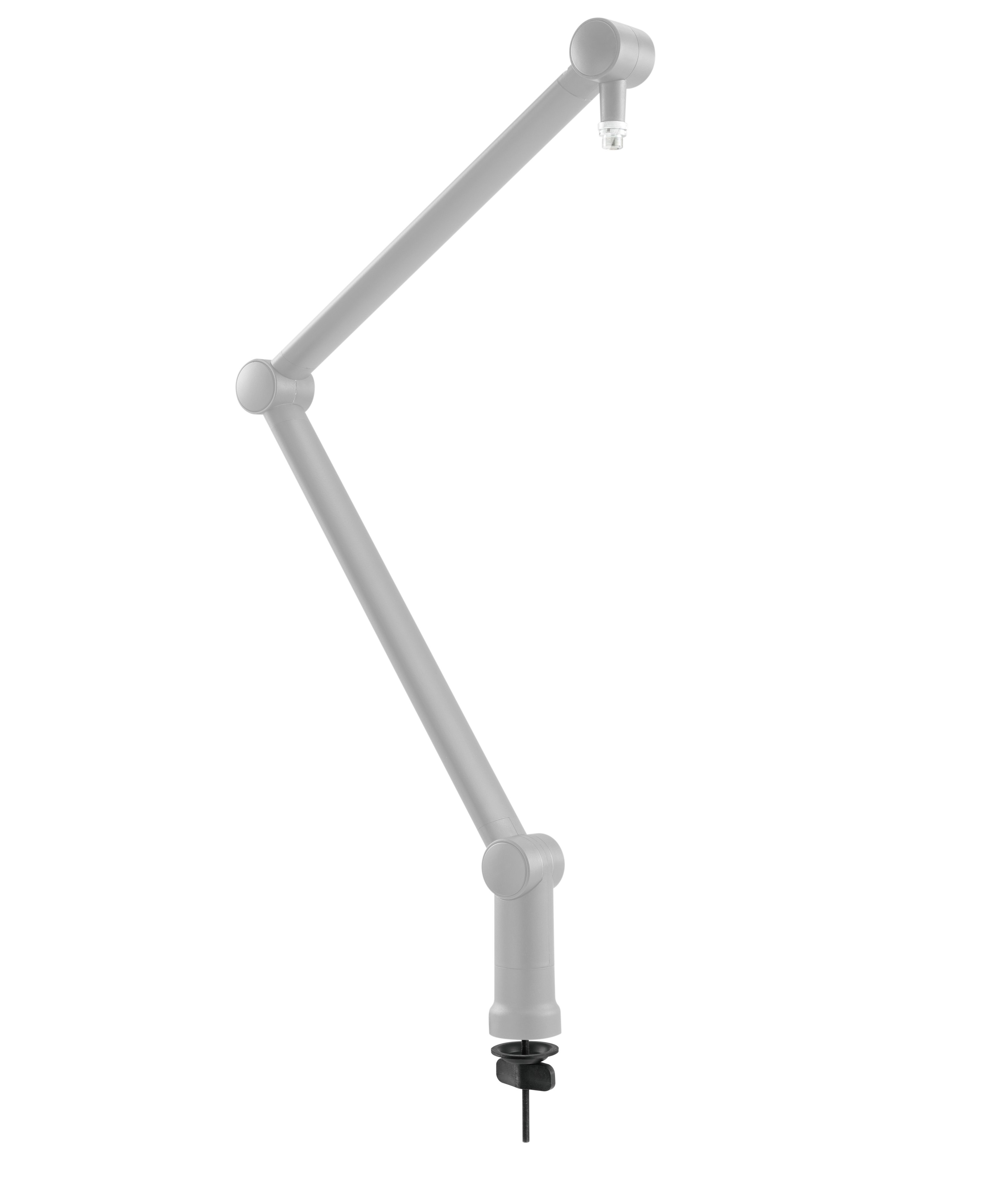 Ein Mikrofonständer mit flexiblem Arm und schwarzem Sockel, vor weißem Hintergrund.