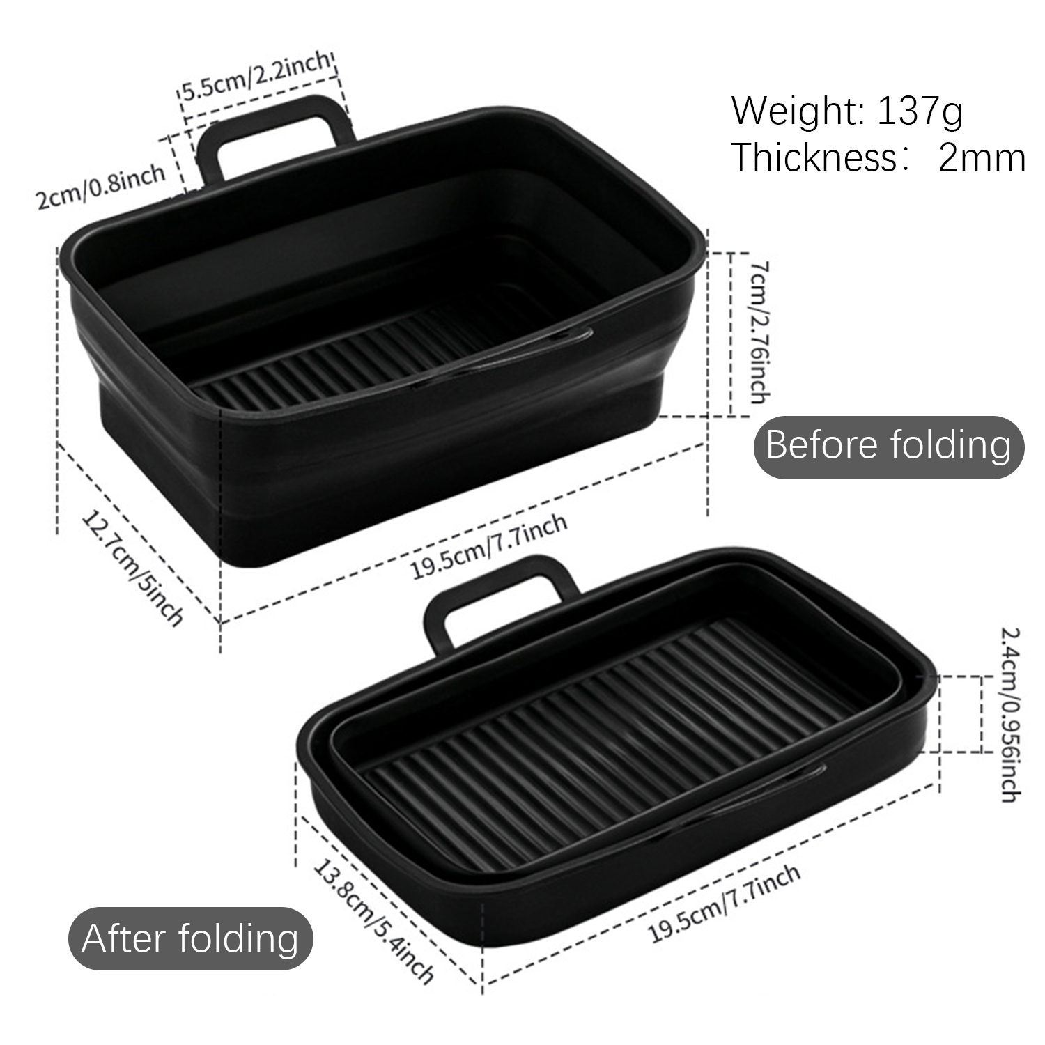Black foldable food container, open and folded. Showing dimensions.