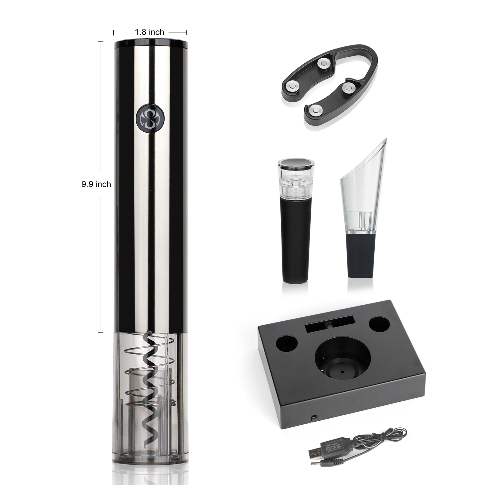 Elektrisches Weinöffner-Set mit Öffner, Folienschneider, Weinausgießer, Vakuumstopfen und Ständer.