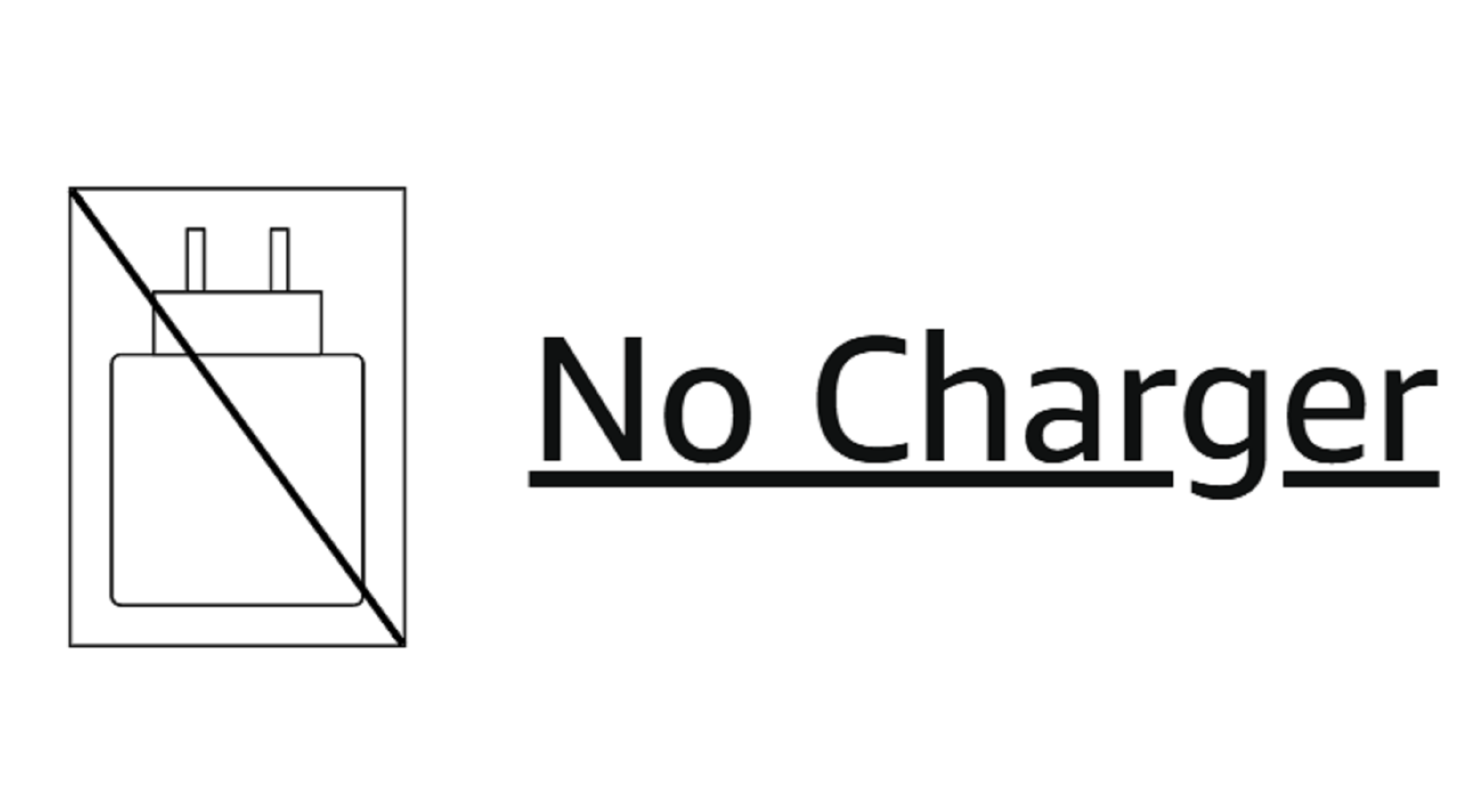 Bild zeigt ein durchgestrichenes Ladegerät mit dem Text 'No Charger' daneben.