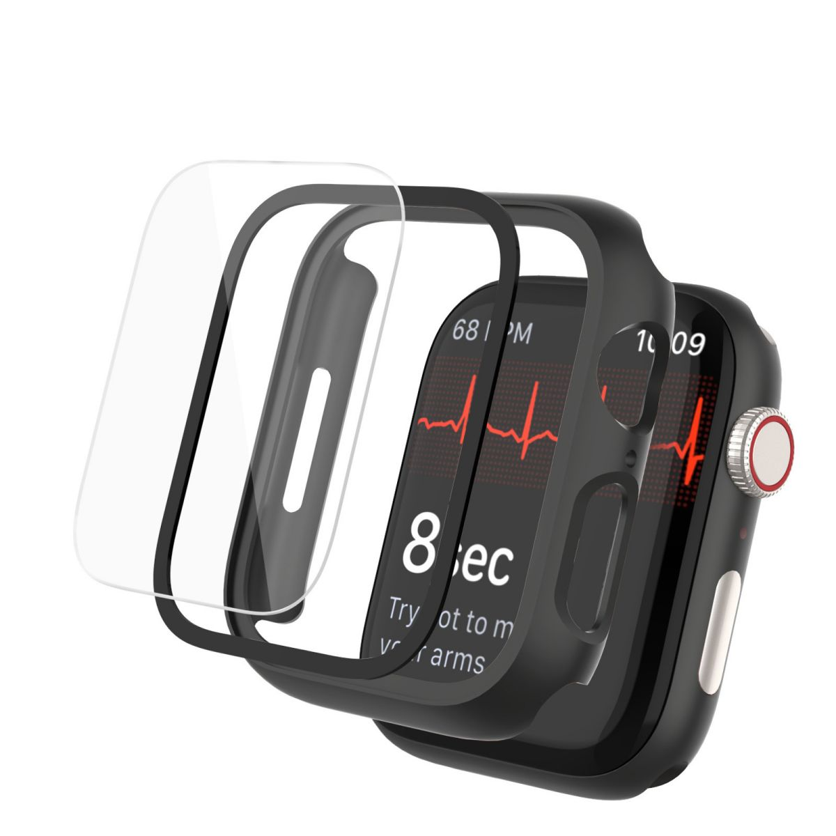 Eine Smartwatch mit Displayschutz und Schutzhülle, schräge Ansicht.