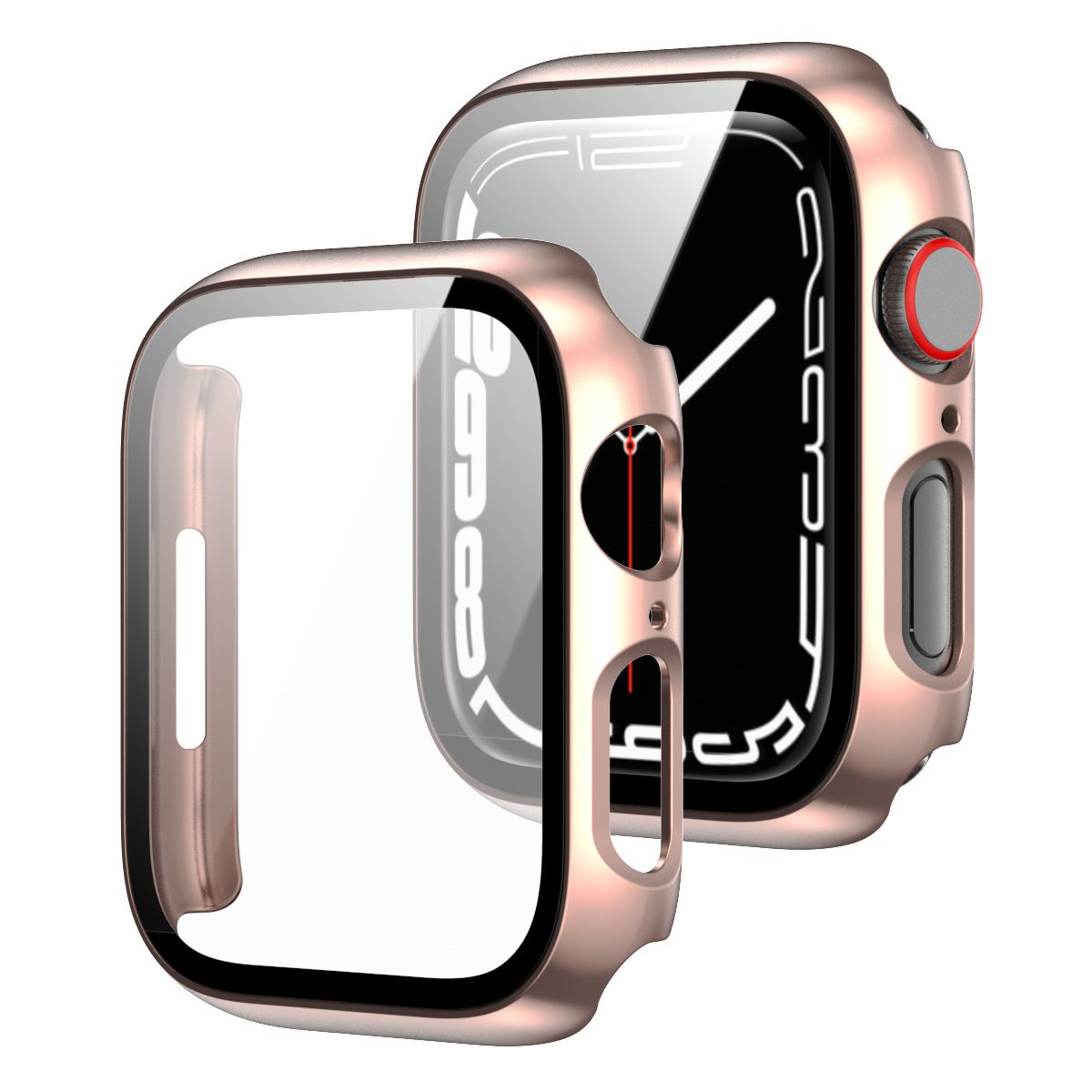 Roségoldfarbenes Smartwatch-Gehäuse mit Displayschutz. Weißer Hintergrund.