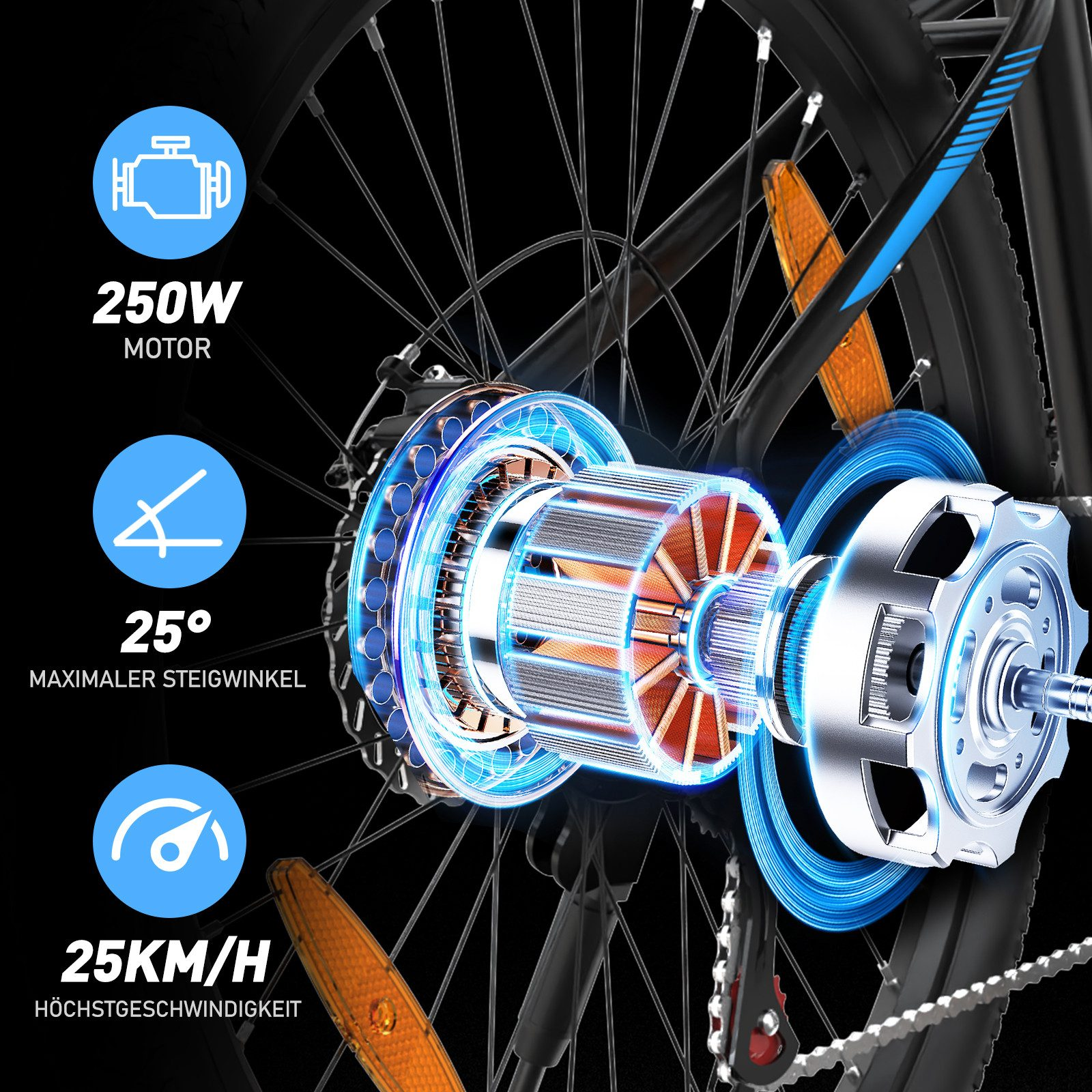 Schnittansicht eines E-Bikes mit Motor und Innenkomponenten.