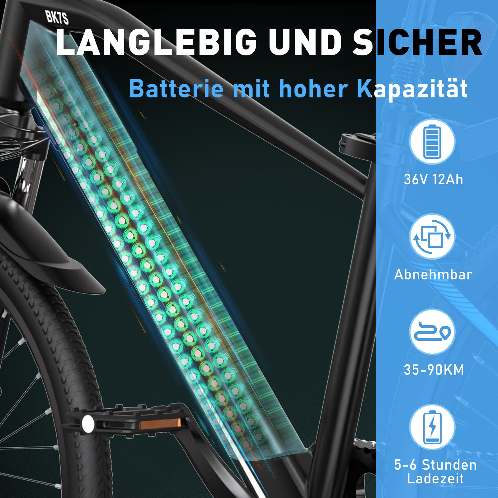 Ein Elektrofahrrad, bei dem das Batteriefach sichtbar ist. Der Hintergrund ist unscharf.