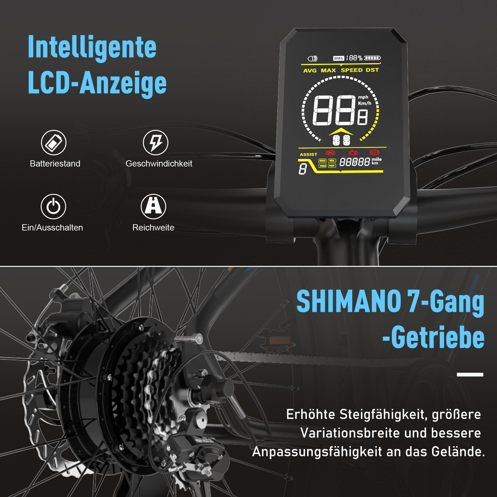 LCD-Bildschirm mit Geschwindigkeit, Akku und Infos. Shimano-Gangsystem an einem schwarzen Fahrradrad.