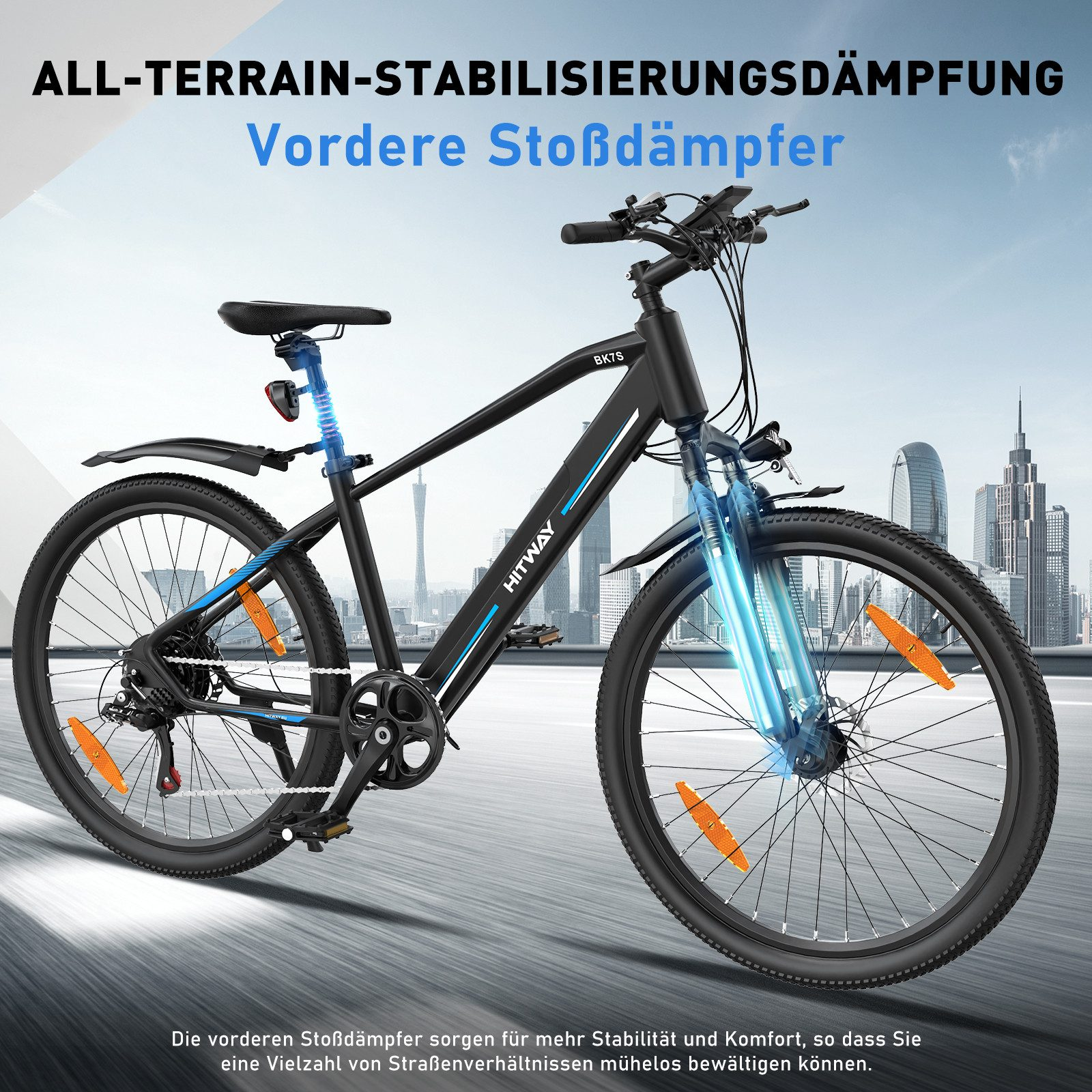 Ein schwarz-blaues HTWAY-Fahrrad mit Skyline im Hintergrund.