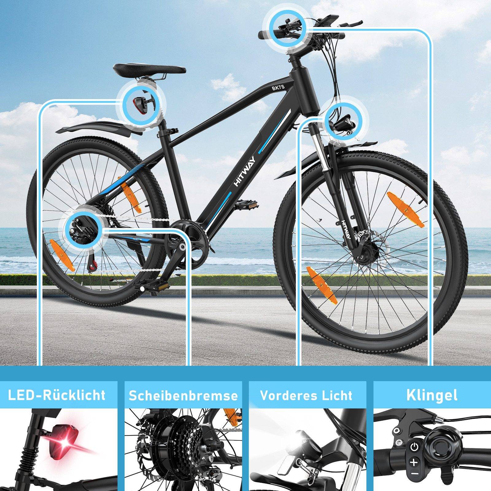 Schwarzes Fahrrad mit blauen Akzenten, orangenen Reflektoren und beschrifteten Komponenten. Weißer Hintergrund.