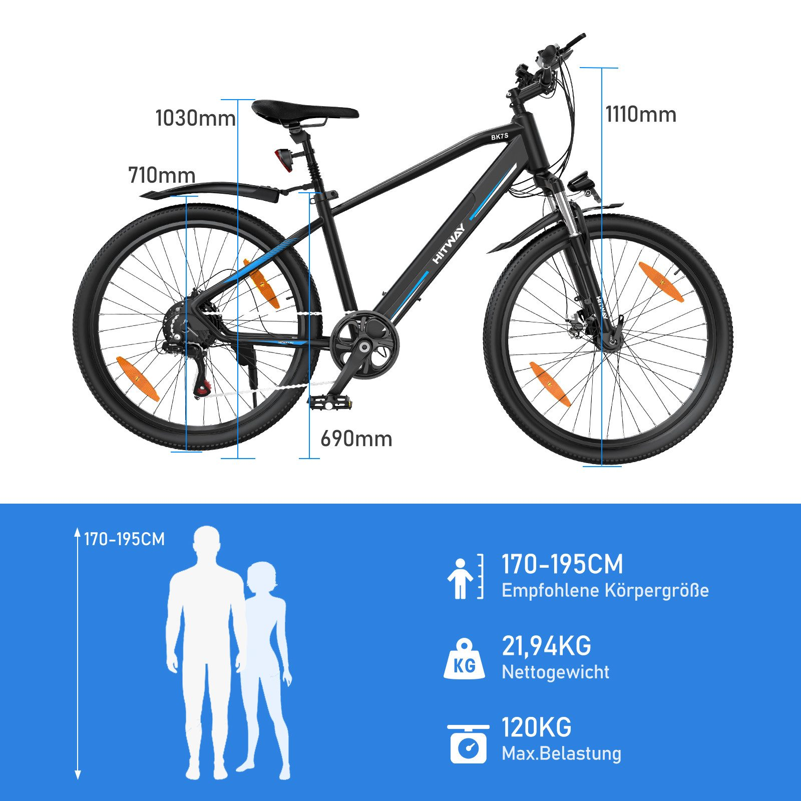 Schwarzes Fahrrad mit Abmessungen und menschlichen Figuren. Es zeigt Höhe, Gewicht und max. Belastung.