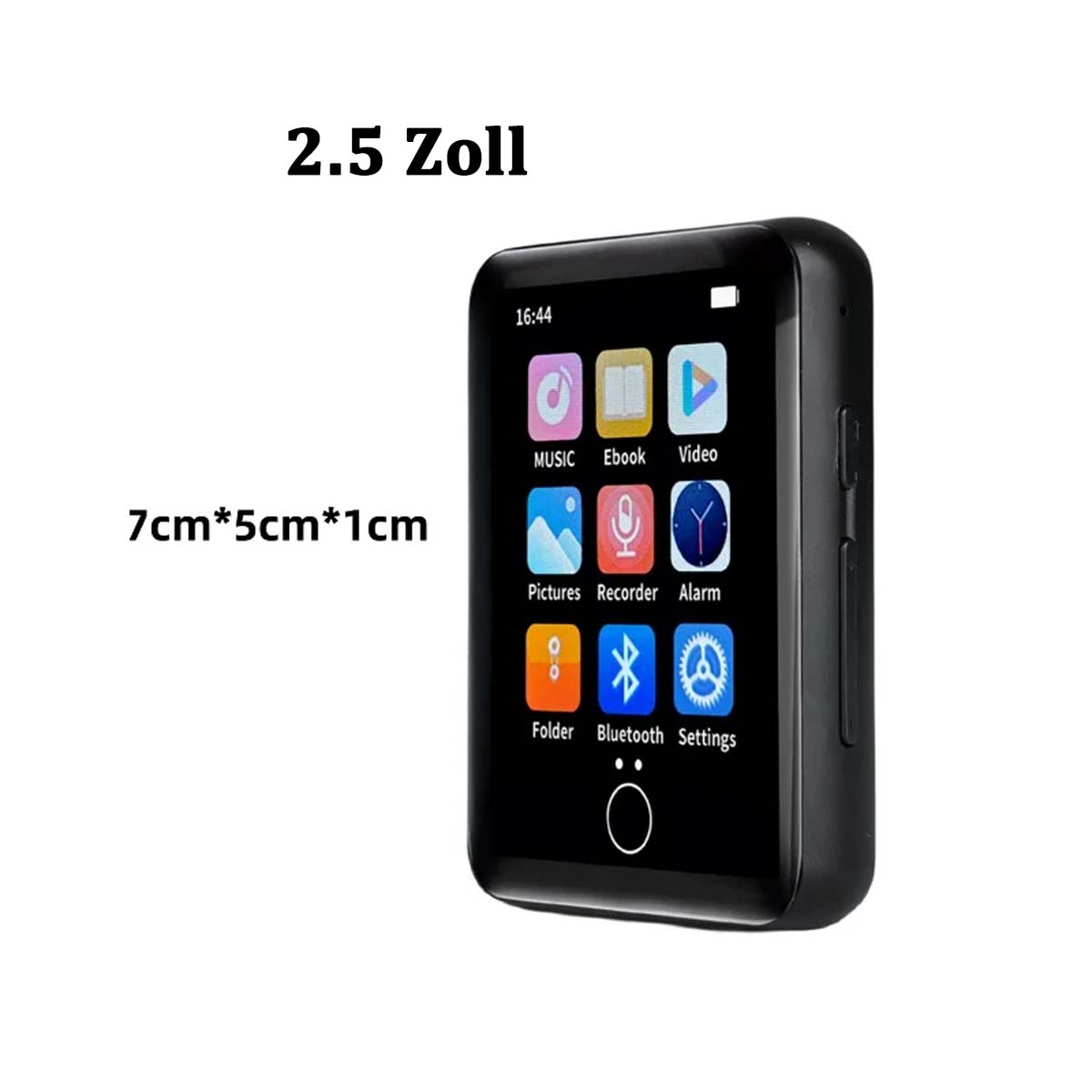 Mały czarny odtwarzacz MP3 z ekranem pokazującym ikony i wymiary.