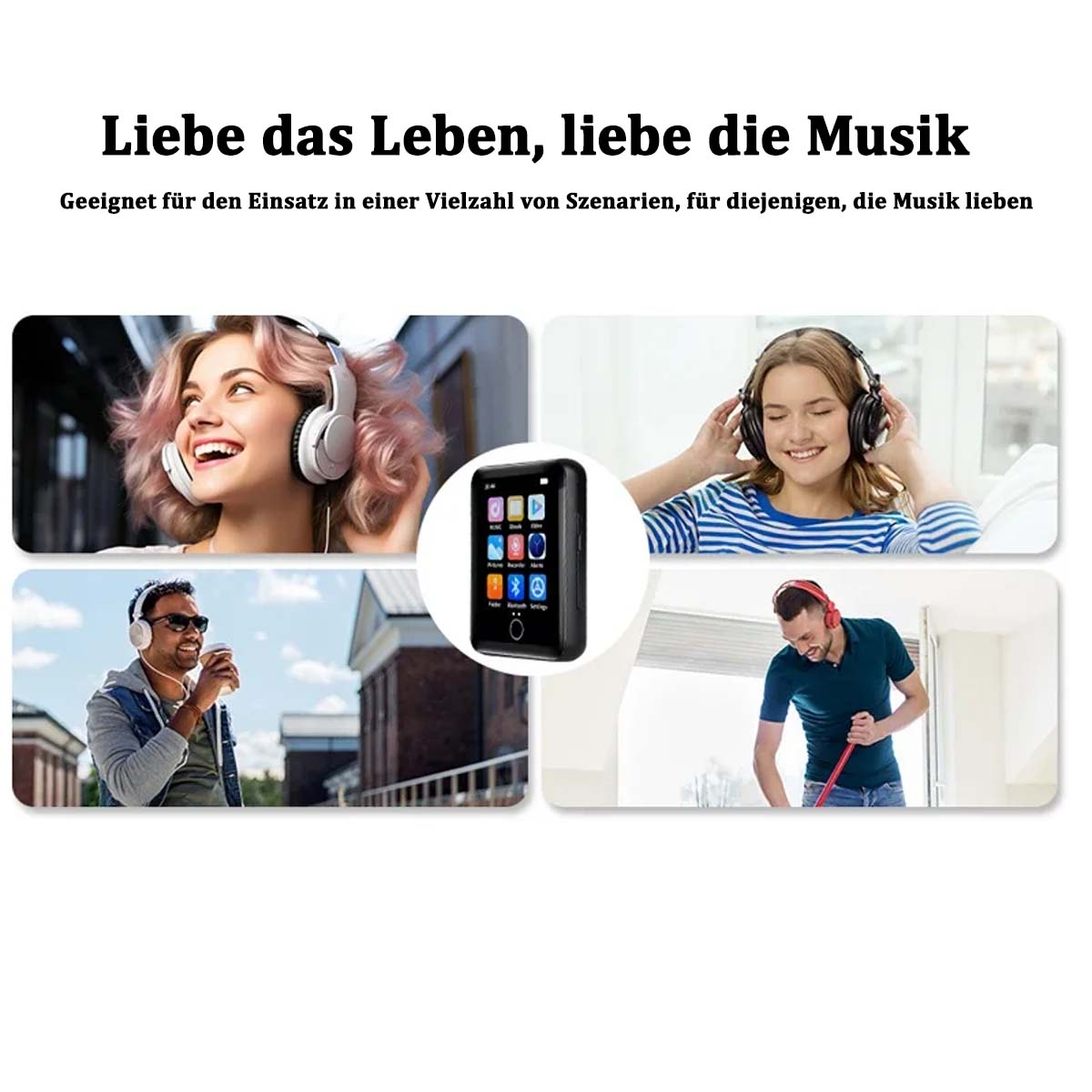 Wiele zdjęć osób używających przenośnego odtwarzacza multimedialnego ze słuchawkami.