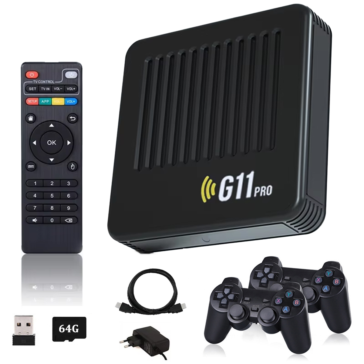Scatola TV nera con telecomando, controller e accessori. G11 Pro.