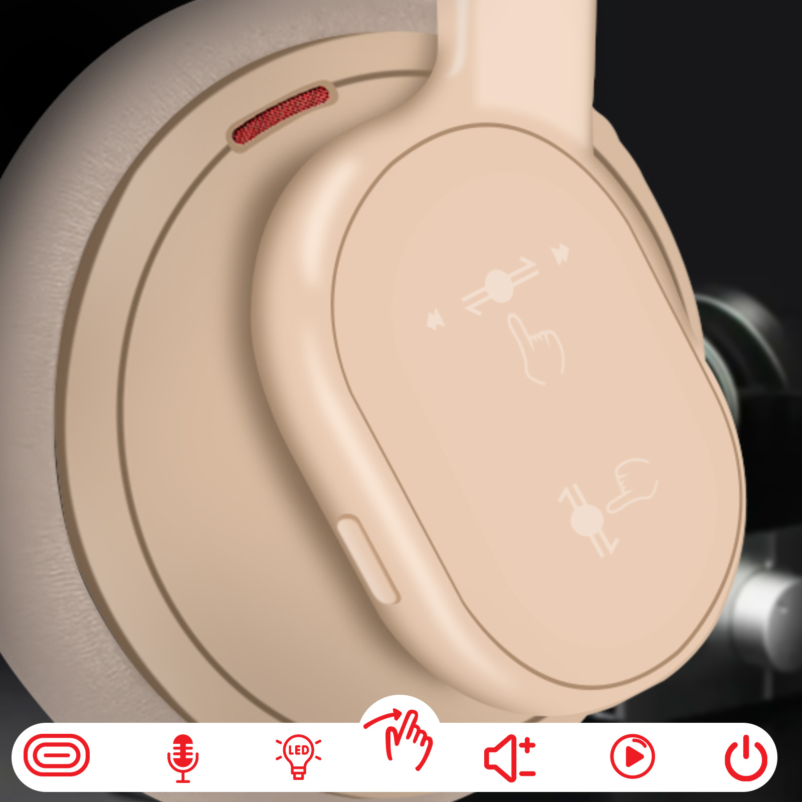 Beige Kopfhörer mit Touch-Bedienelementen und Funktionssymbolen.
