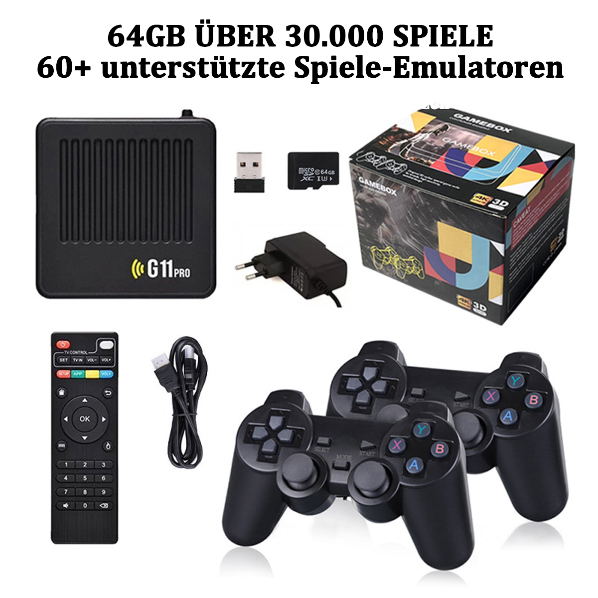 Set console di gioco con console, telecomando, controller, caricabatterie e scatola di gioco.