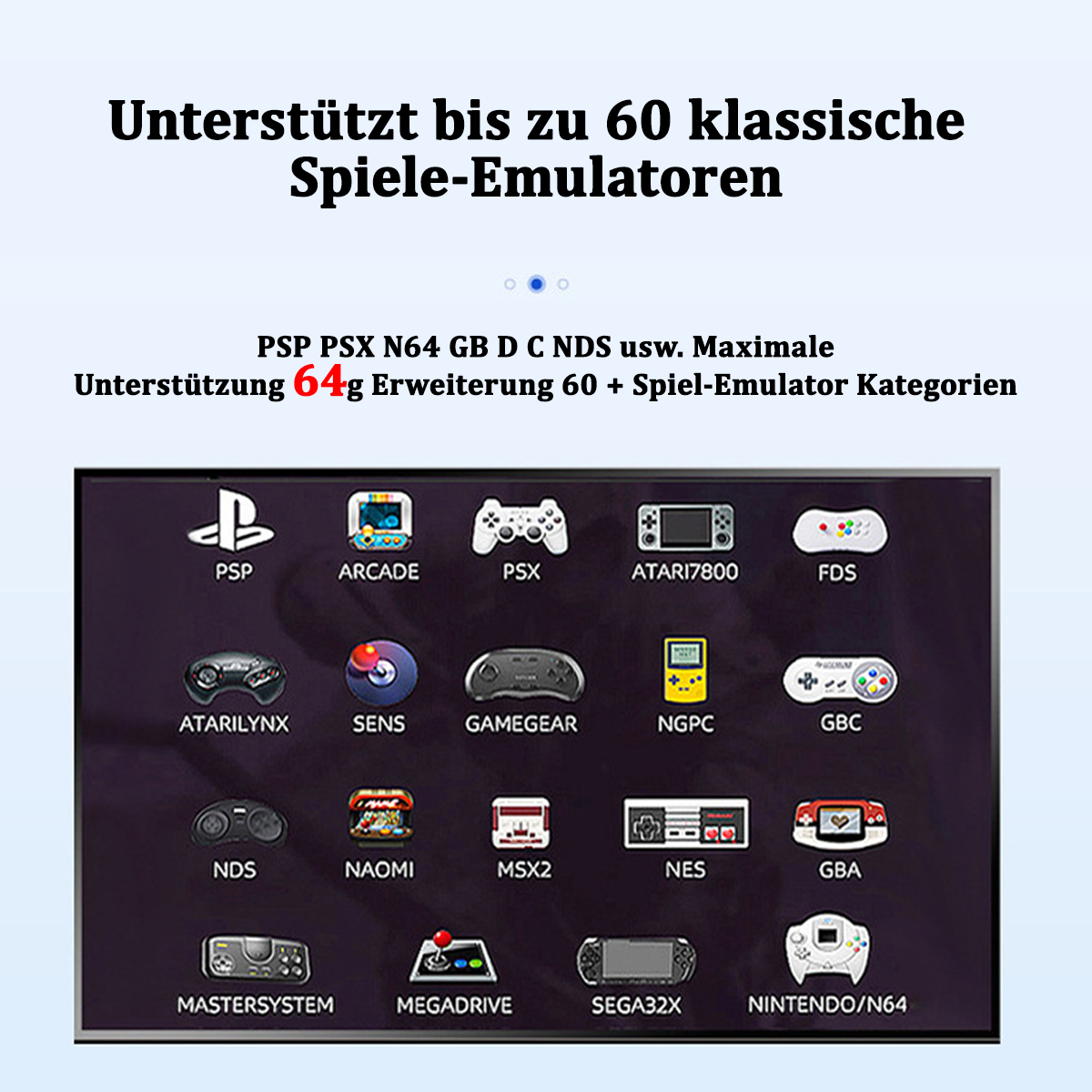 Schermo che mostra emulatori per giochi classici. Include controller di gioco e loghi di emulatori.
