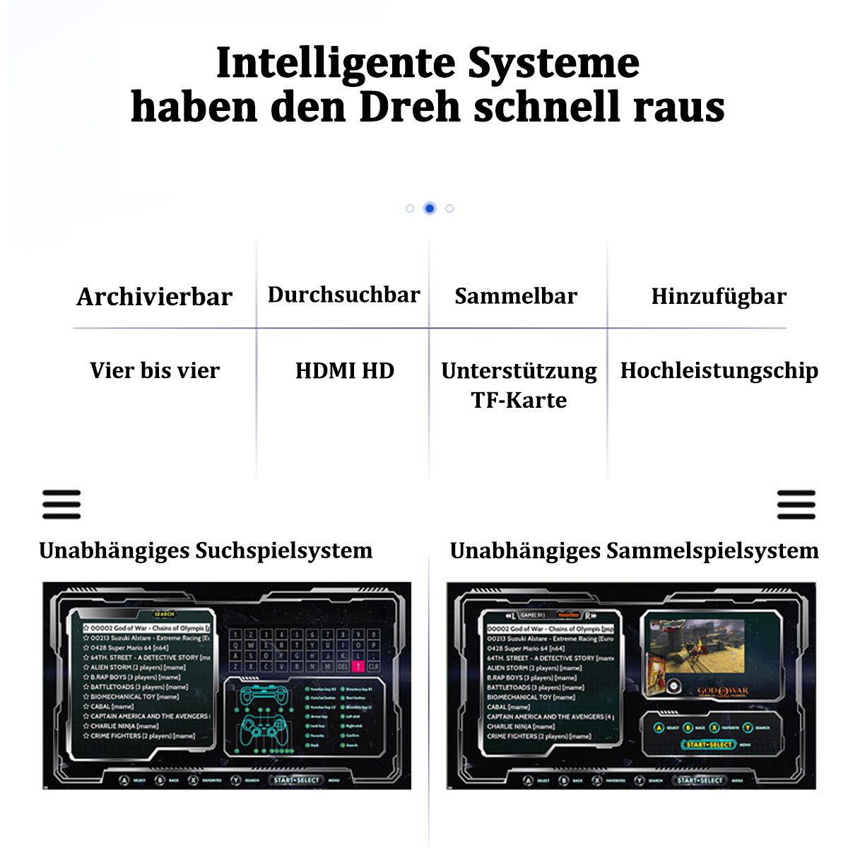Schermi con menu di gioco e un controller. Testo in tedesco.
