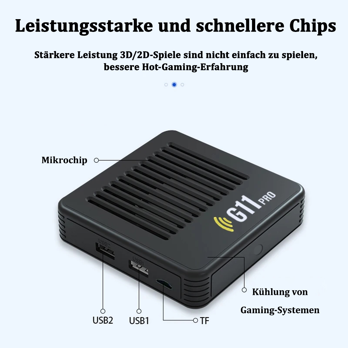 Un dispositivo nero con porte USB e slot TF. Il testo dice che ha chip potenti per giochi e sistemi di raffreddamento.