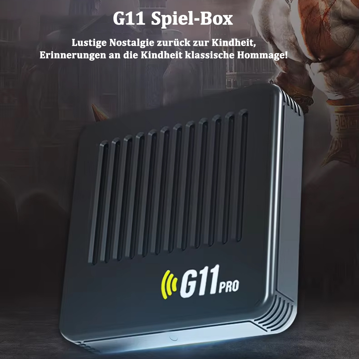 Console di gioco nera con la scritta G11 Pro. Lo sfondo è un'immagine sfocata di una statua.