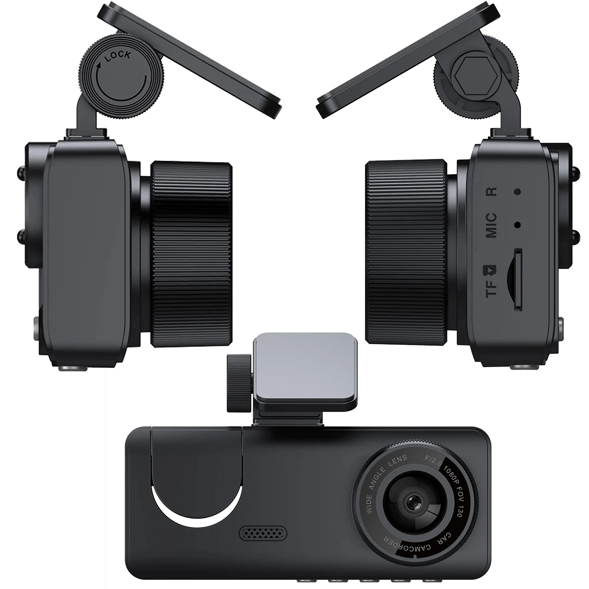 Drei schwarze Dashcams mit Objektiven und Halterungen, die in verschiedene Richtungen weisen.