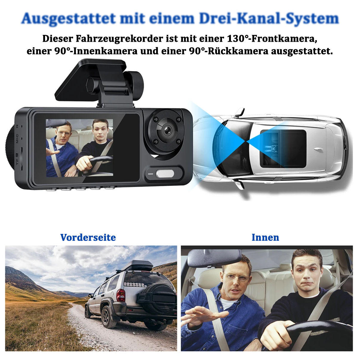 Ein Auto-Dashcam mit zwei Bildschirmen, die Fahrer und ein Auto auf der Straße zeigen.