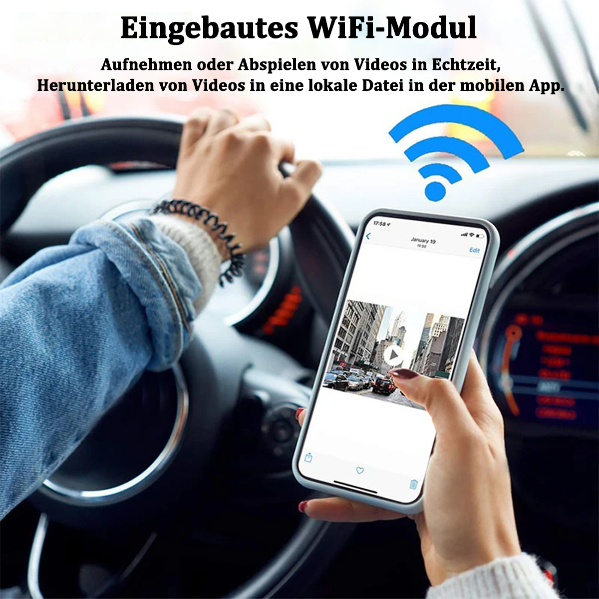 Frau im Auto, die auf ein Telefon mit Video und WLAN-Symbol blickt, blaues Licht oben.
