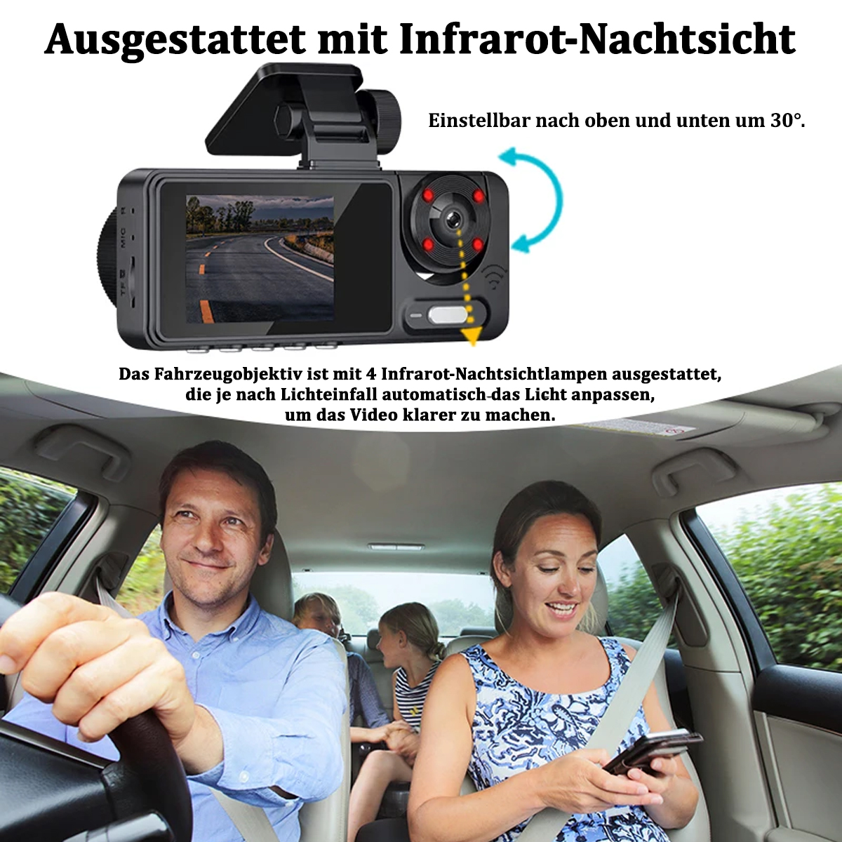 Familie im Auto, Frontkamera-Ansicht. Text auf Deutsch über die Funktionen der Dashcam.