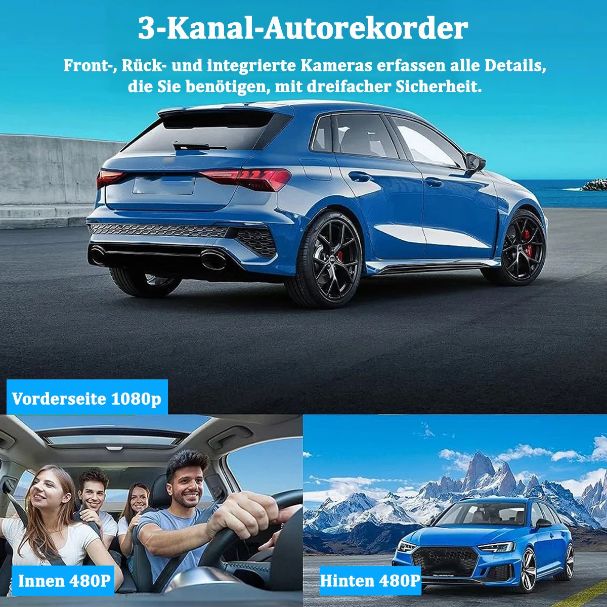 Blaues Auto von hinten mit Text, sowie Front- und Seitenansicht. Menschen im Innenraum.