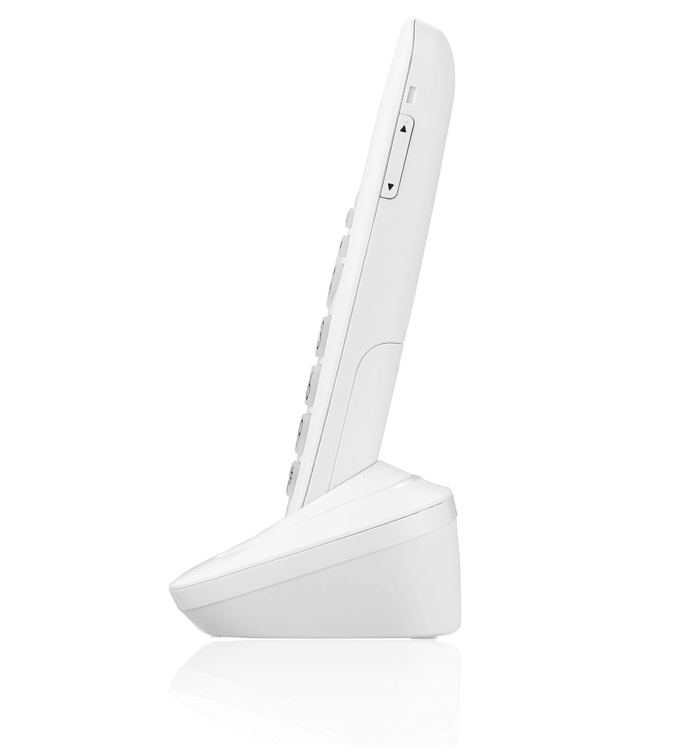 Schwarzes Brondi Festnetztelefon mit weißer Basis, auf weißer Oberfläche.