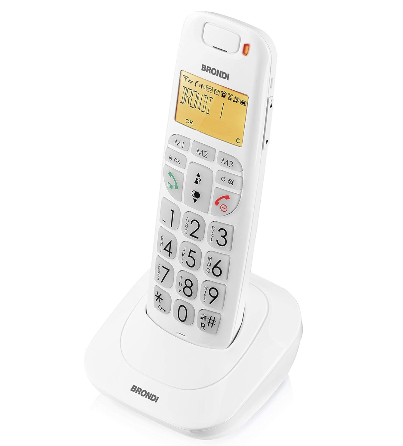 Weißes schnurloses Telefon auf Basis. Brondi Marke. Große Tasten.