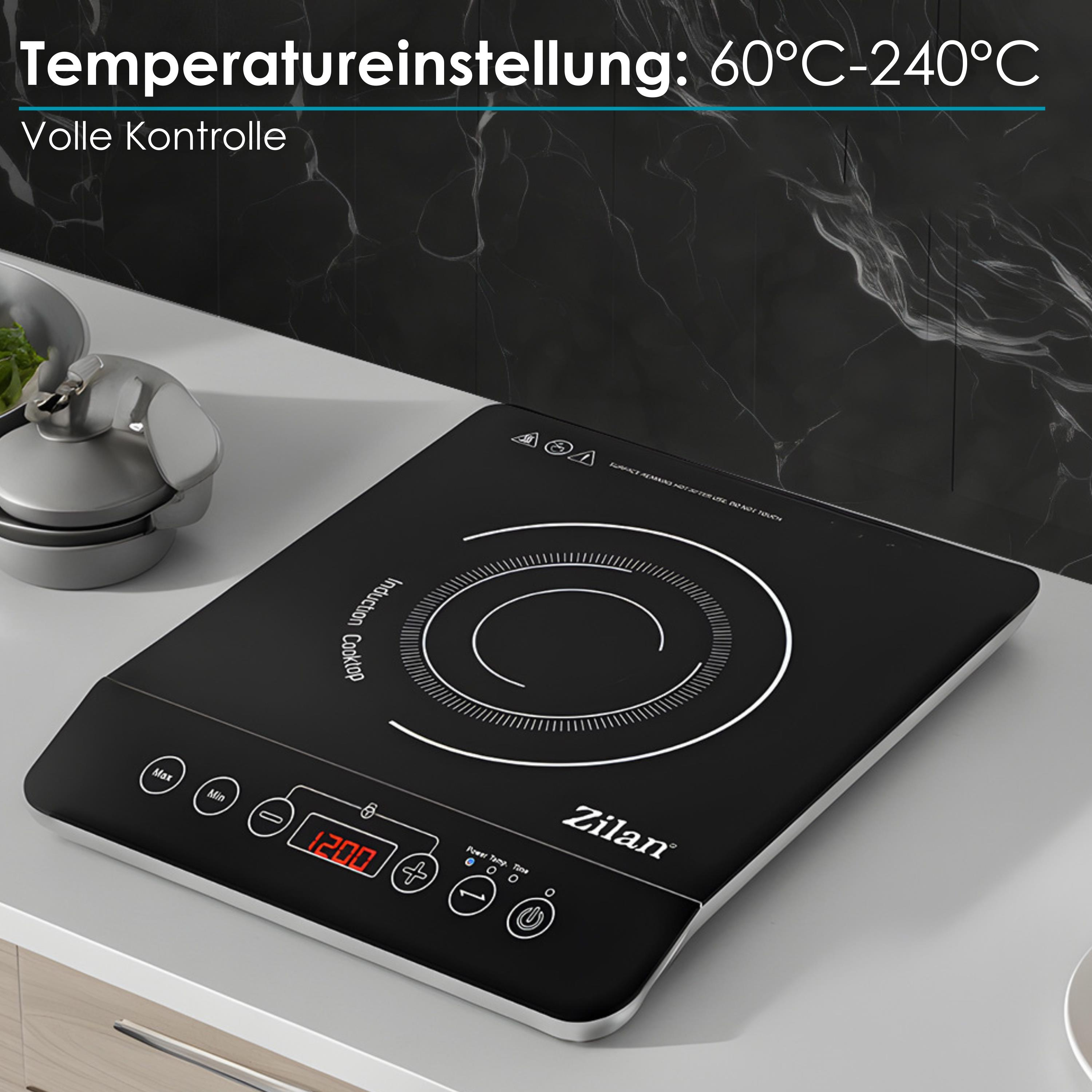 Schwarzes Induktionskochfeld. Temperatureinstellung ist 60 °C-240 °C.