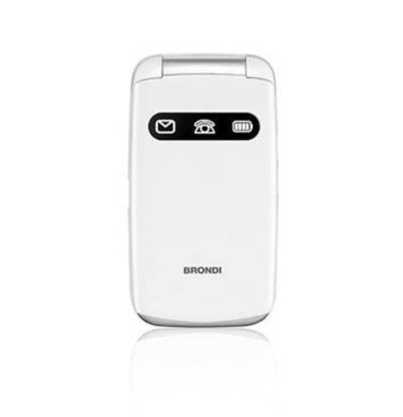 Un telefono a conchiglia bianco, chiuso, che mostra il retro con un logo Brondi.