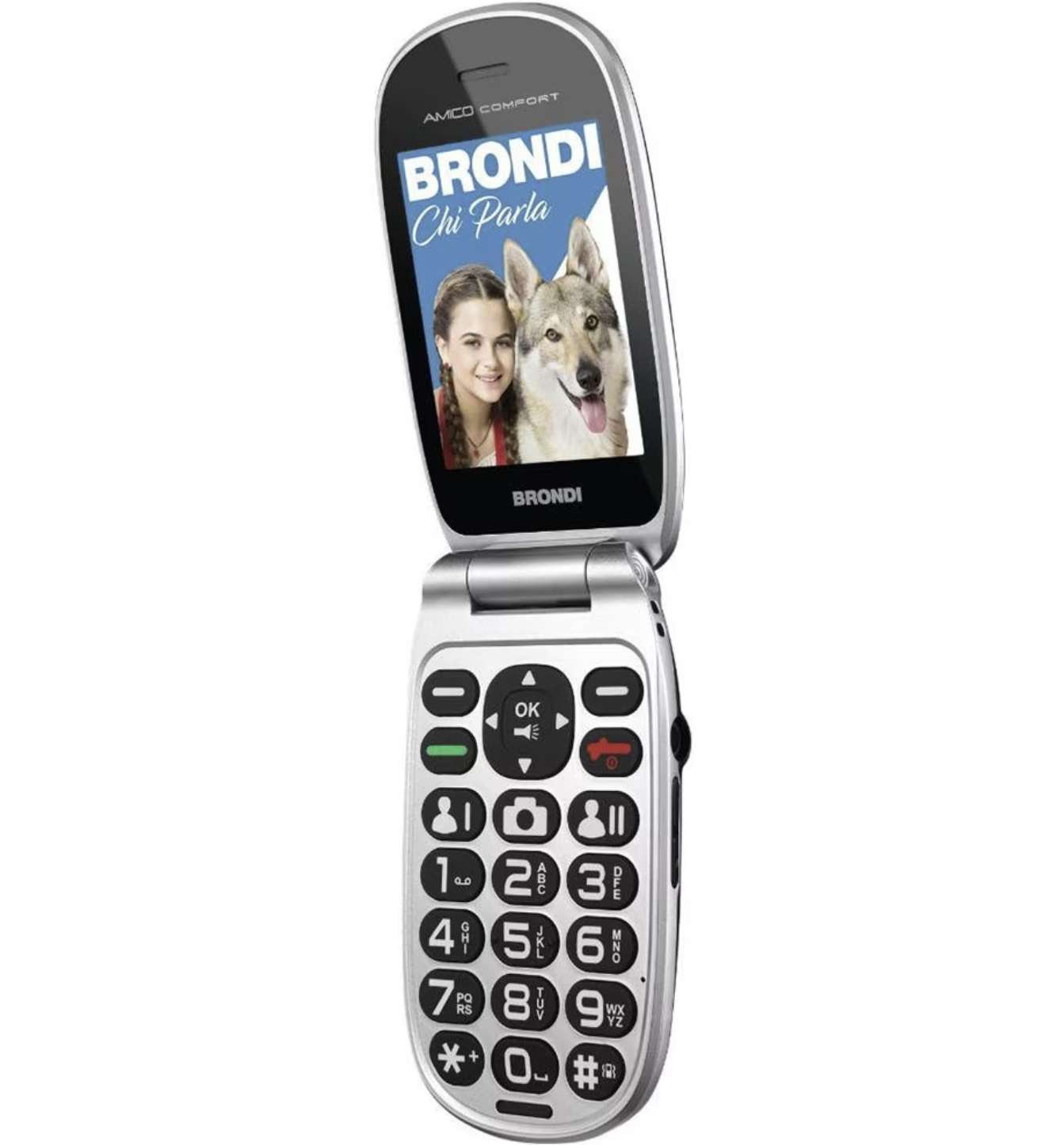 Telefono a conchiglia argento e bianco aperto con immagine sullo schermo, sfondo bianco.