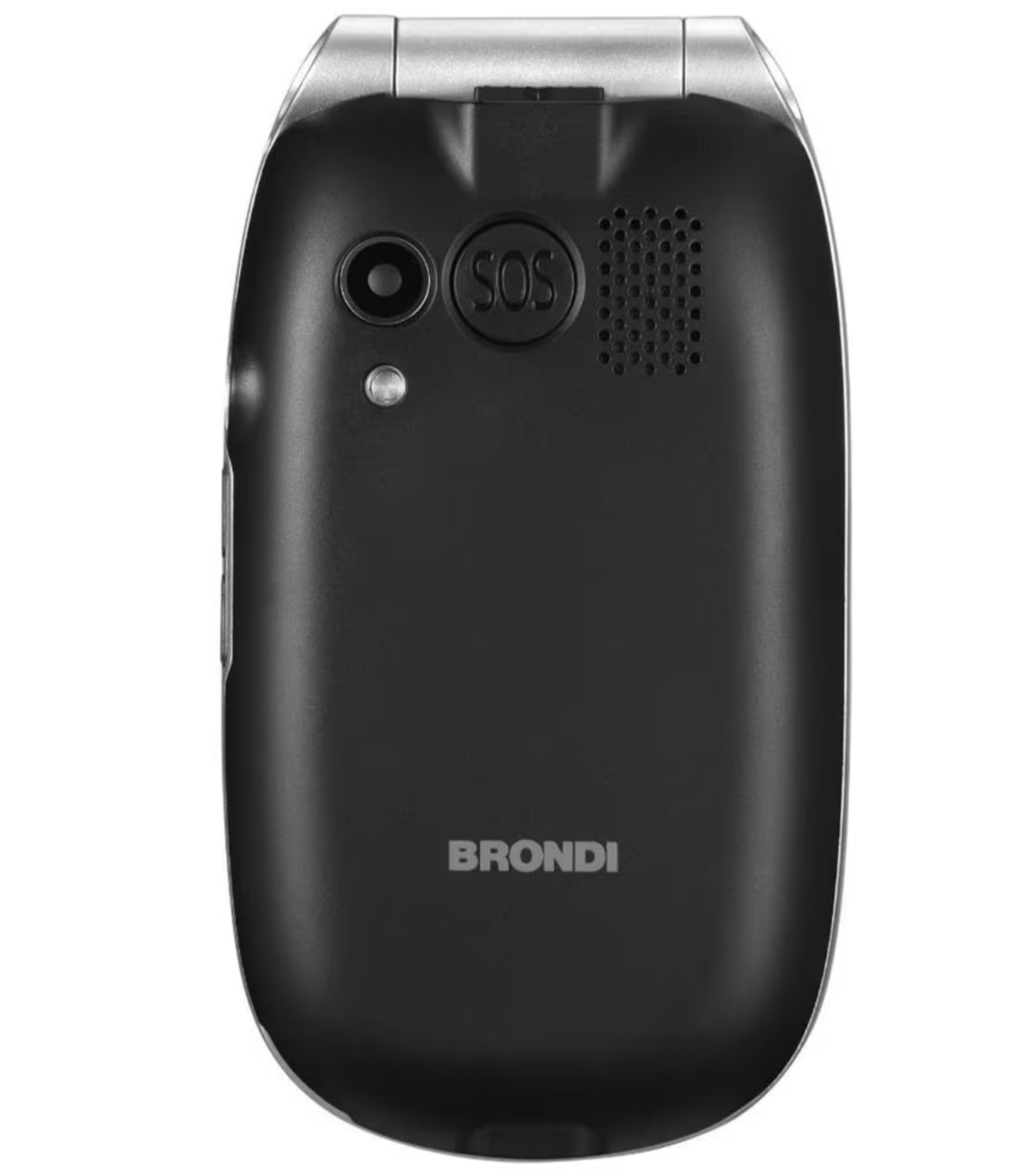 Un telefono a conchiglia Brondi nero, chiuso, con fotocamera e pulsante SOS sul retro.