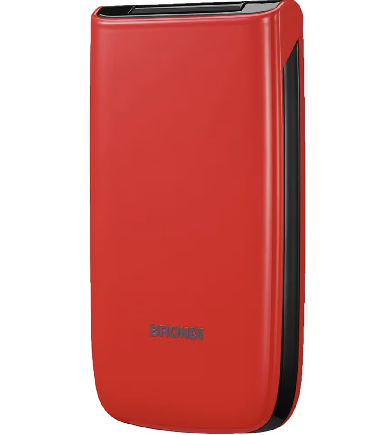 Czerwony telefon klapkowy zamknięty. Telefon jest błyszczący, widoczna nazwa marki.