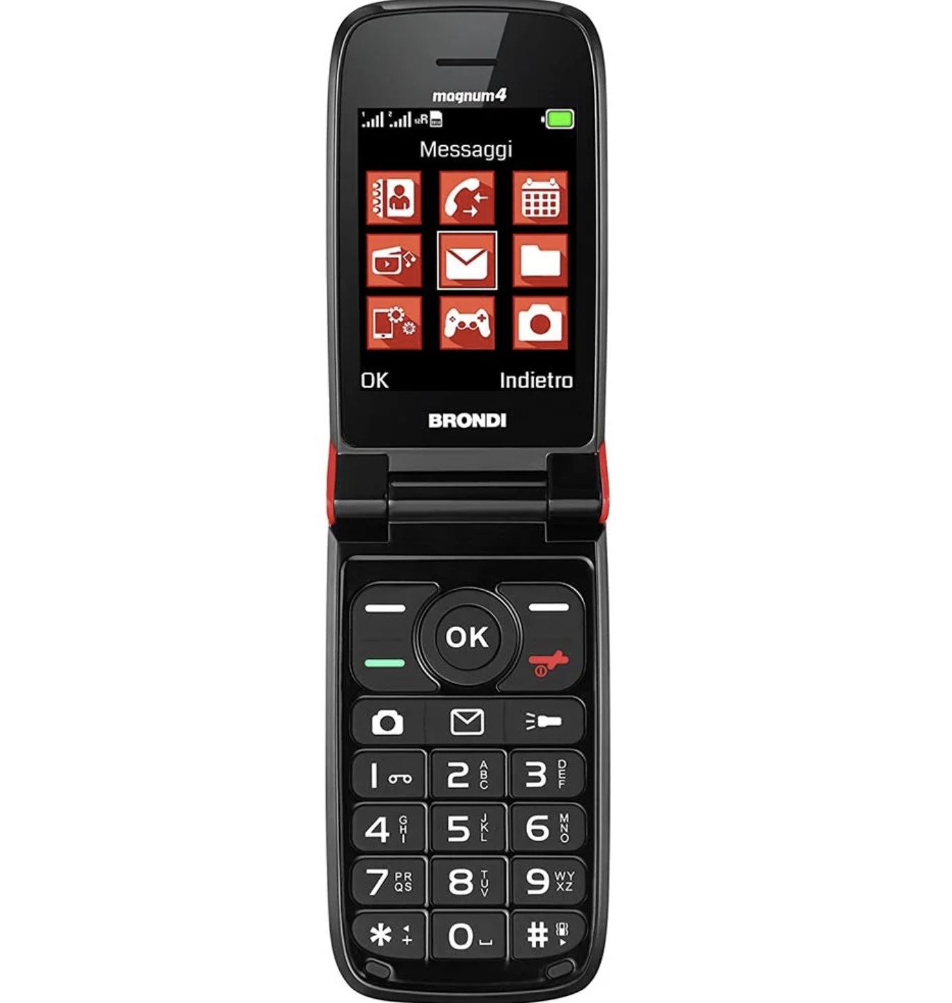 Czarny telefon z klapką otwarty, pokazujący duże przyciski i interfejs.