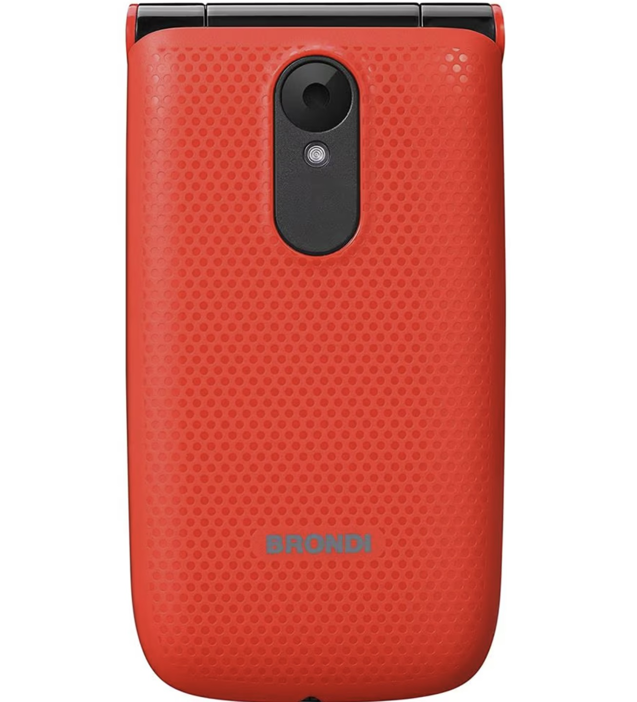 Czerwony telefon Brondi z klapką, zamknięty. Tył ma małe otwory i aparat.