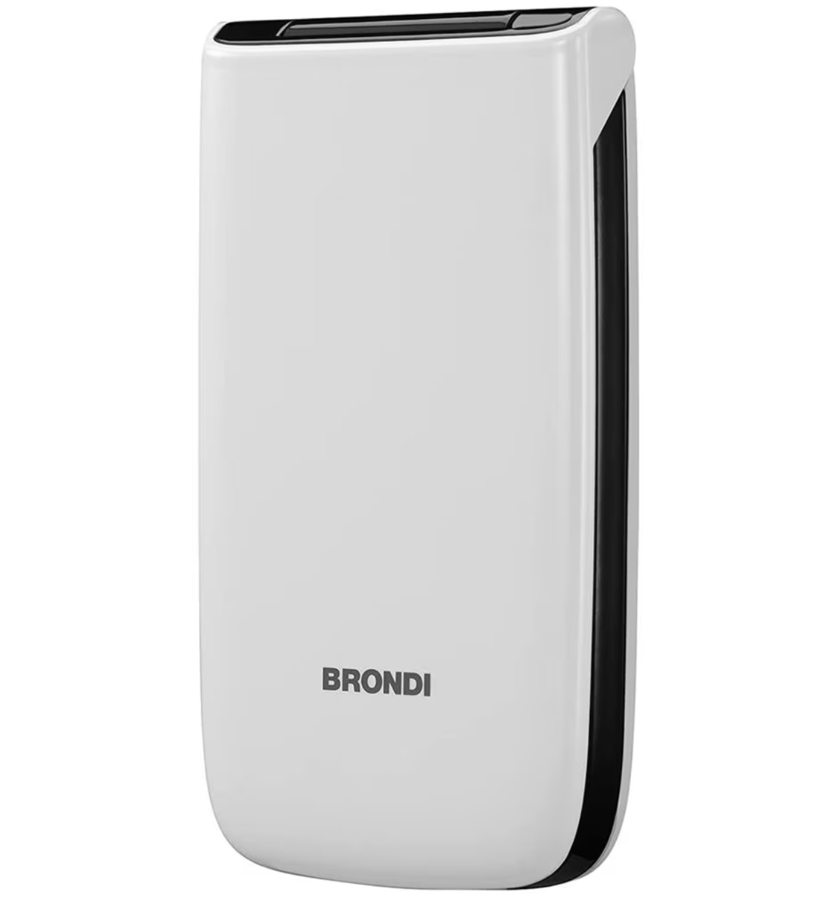 Biały telefon Brondi. Jest prostokątny z zaokrąglonymi rogami i czarnym paskiem z boku.