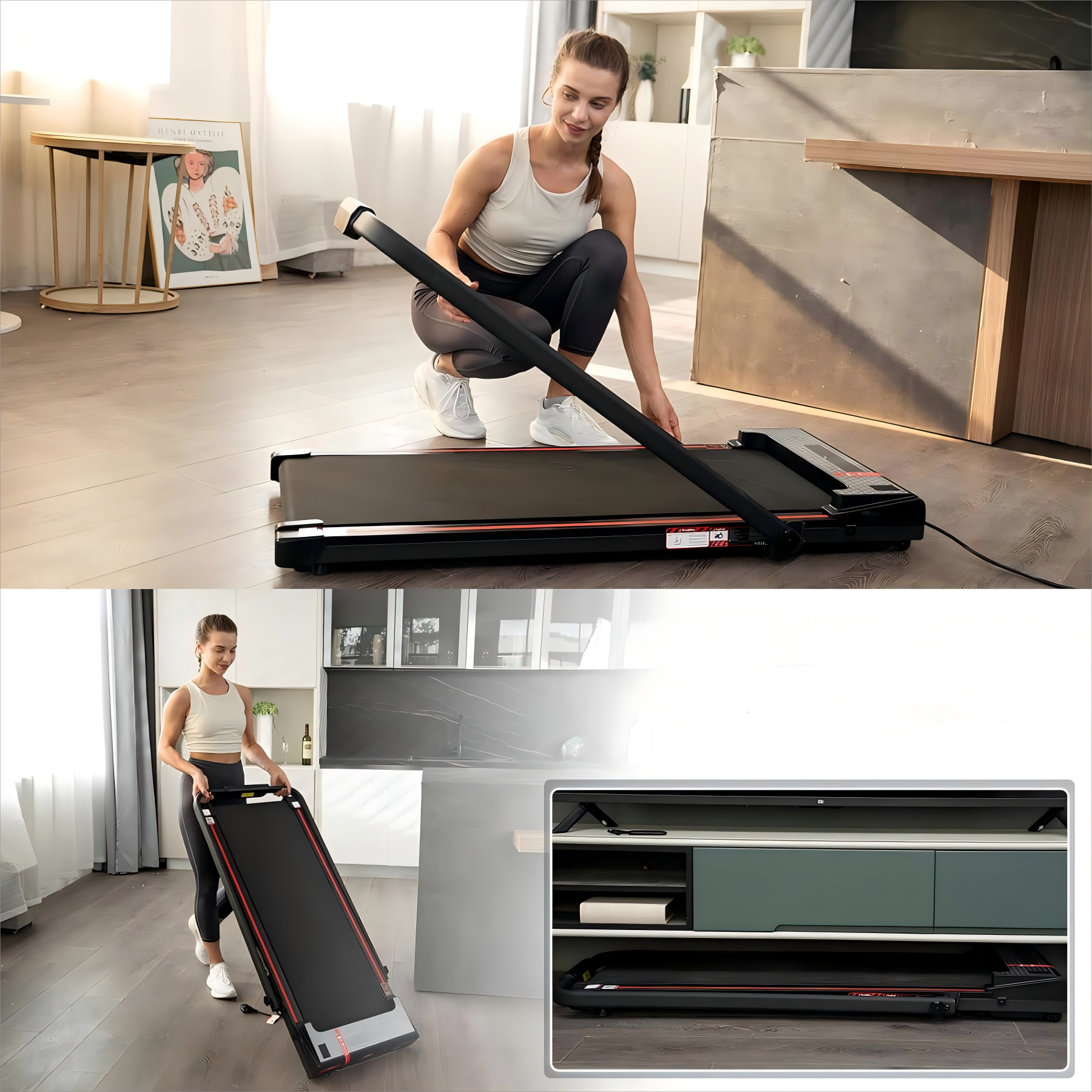 Una donna che assembla un tapis roulant in un ambiente domestico. Vengono mostrate due viste del tapis roulant.