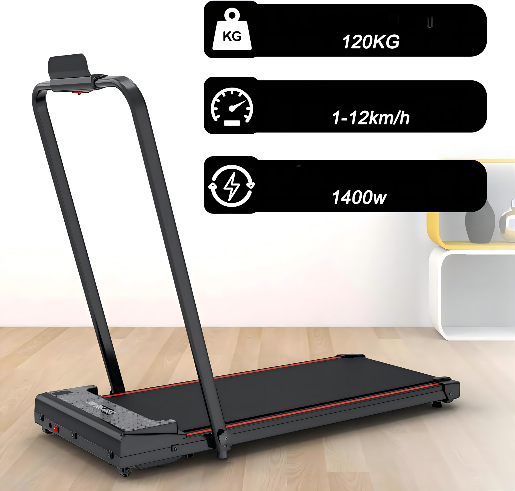 Un tapis roulant nero con una striscia rossa e display. Mostra dati di peso, velocità e consumo energetico.
